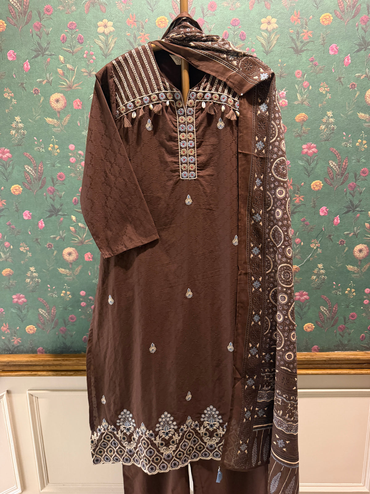Chocolate Brown Embroidered Pure Cotton Suit Set