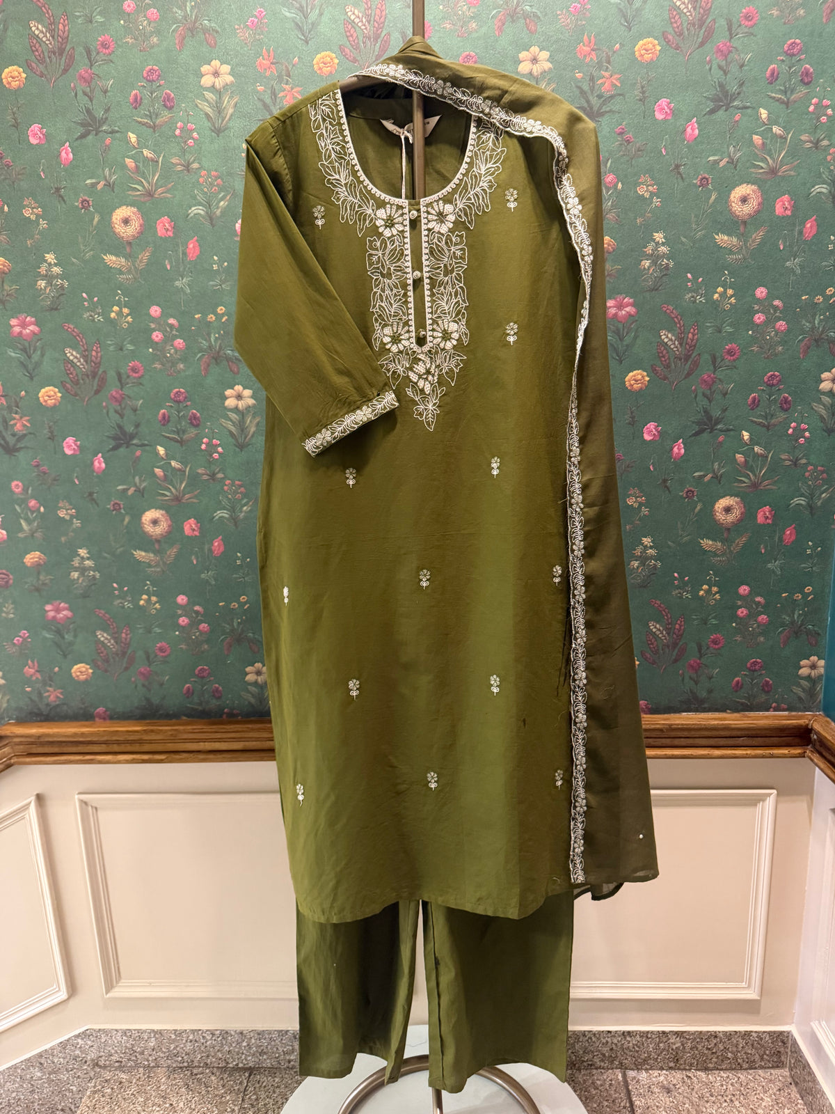 Olive Green Embroidered Cotton Suit Set | HER-686