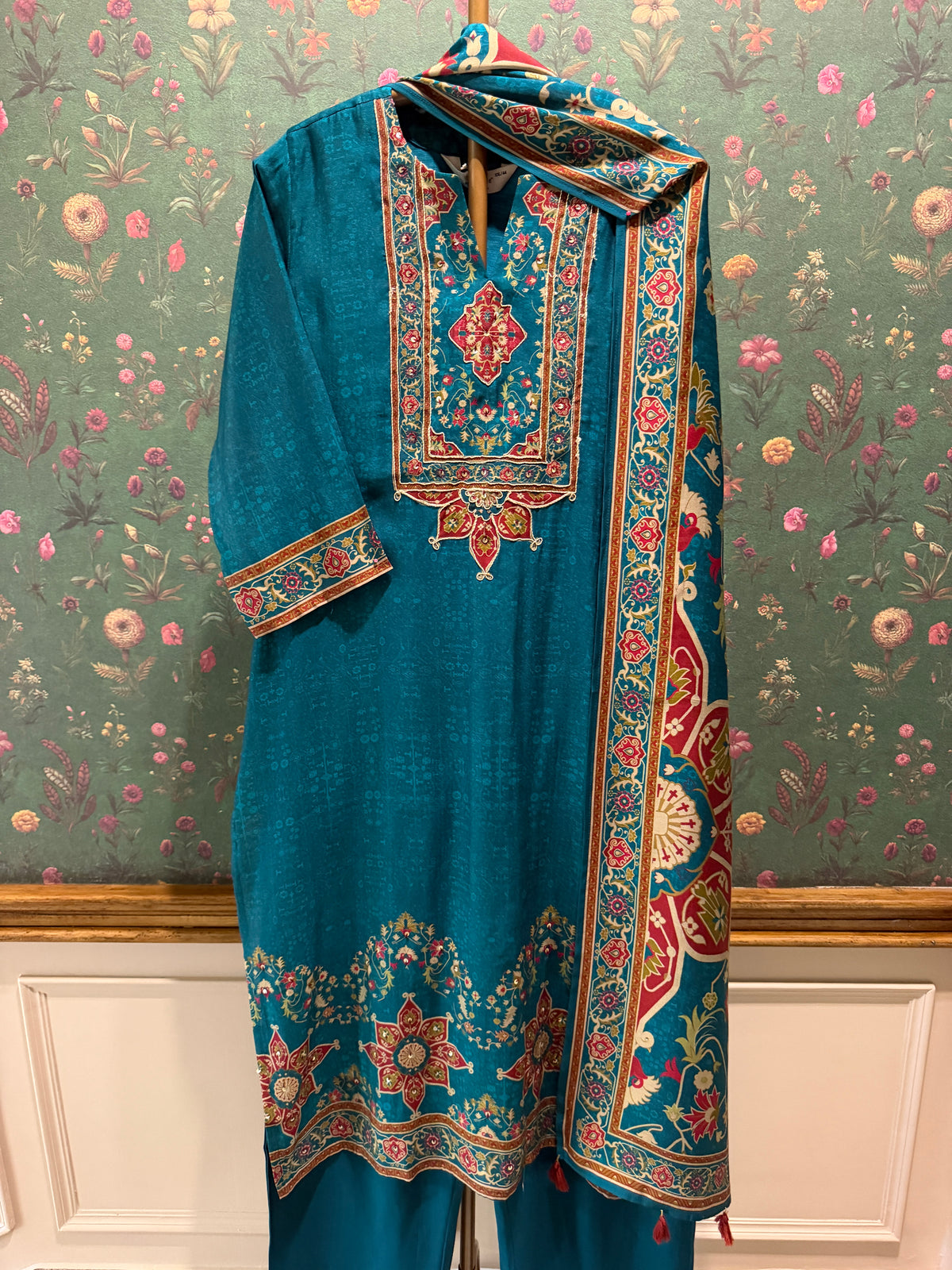 Teal Green Printed Soft Silk Suit Set