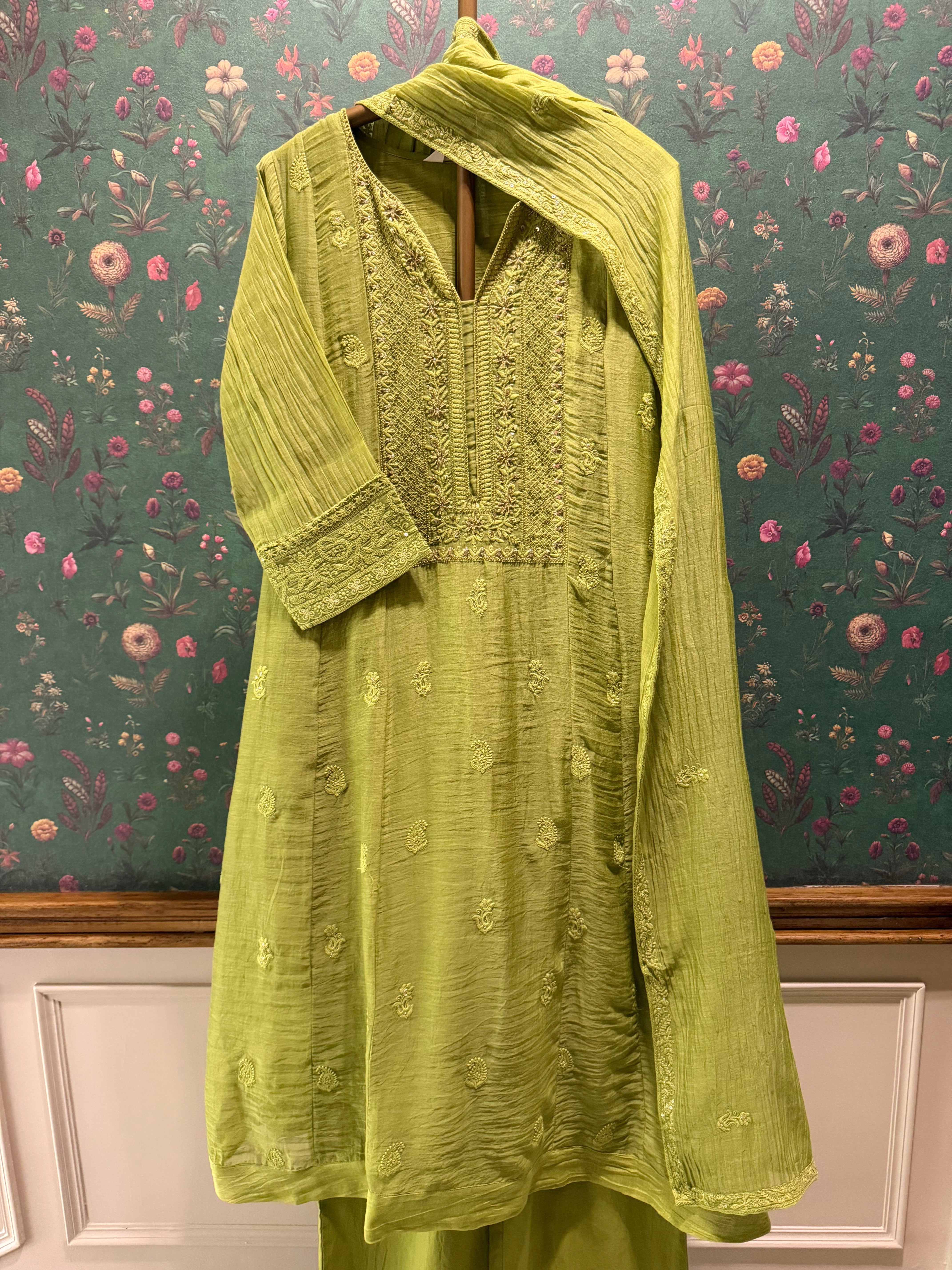 Mehndi Green Chikankari A-Line Mul Chanderi Suit Suit Set | HER-627