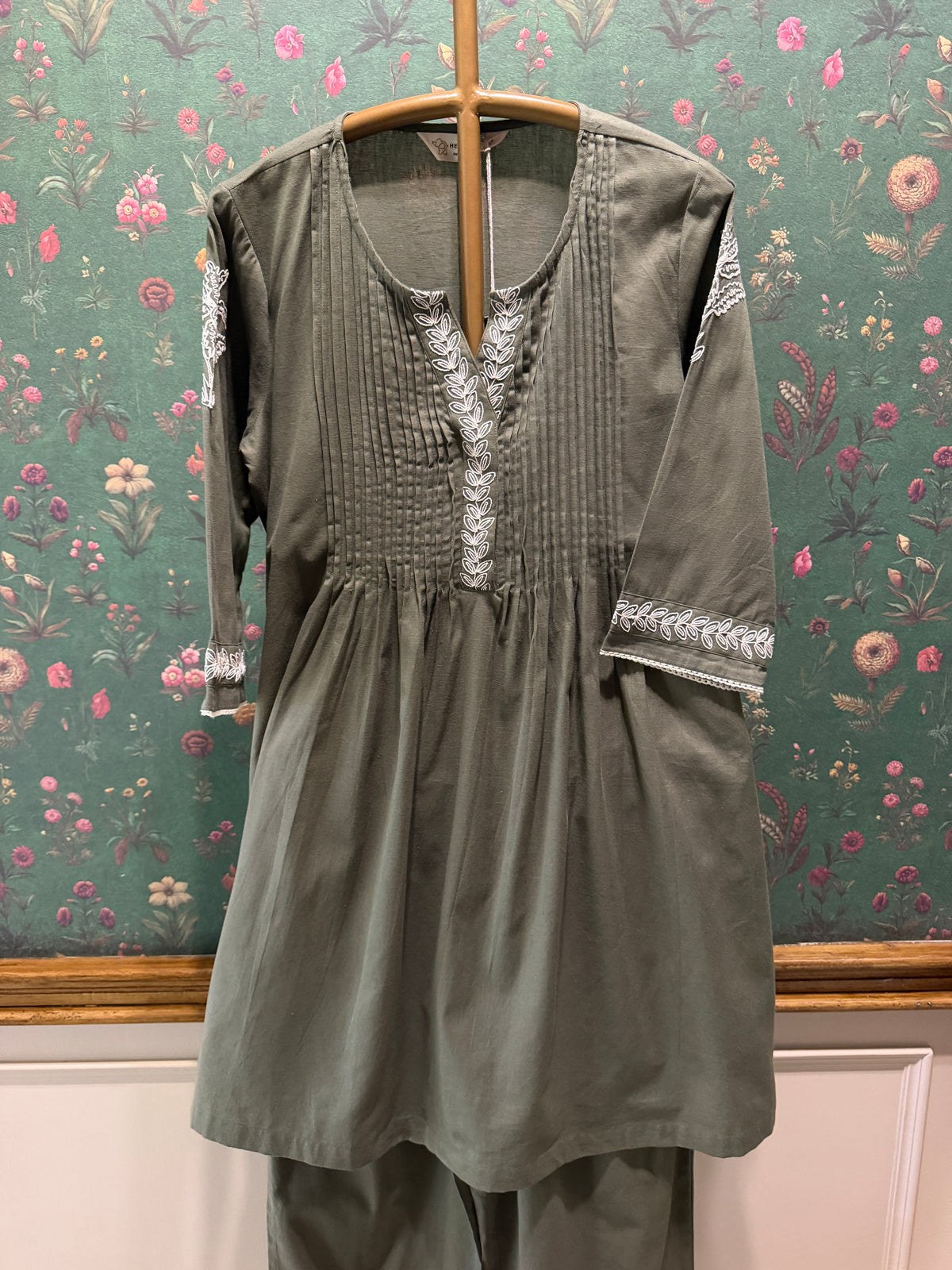 Olive Green Pleated Embroidered Kurta Set