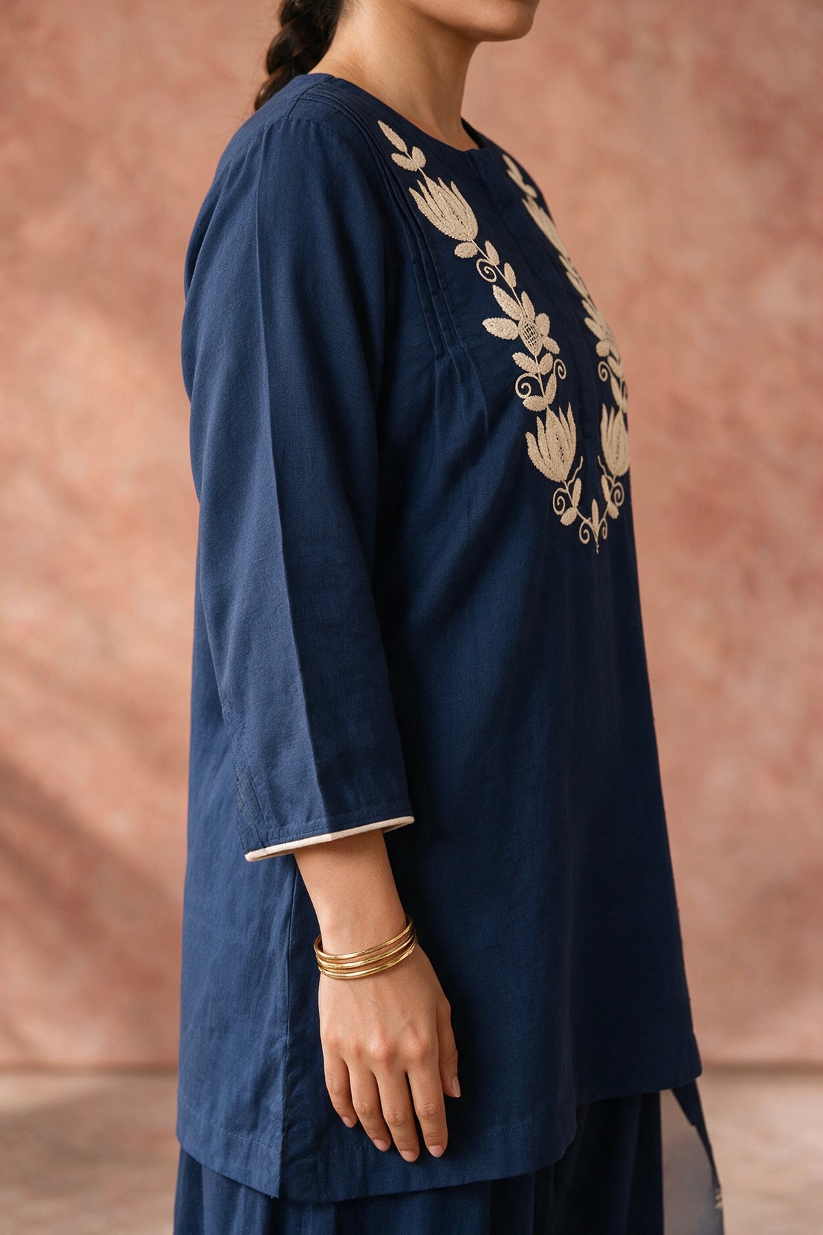 Navy Blue Lotus Embroidered Kurta Set