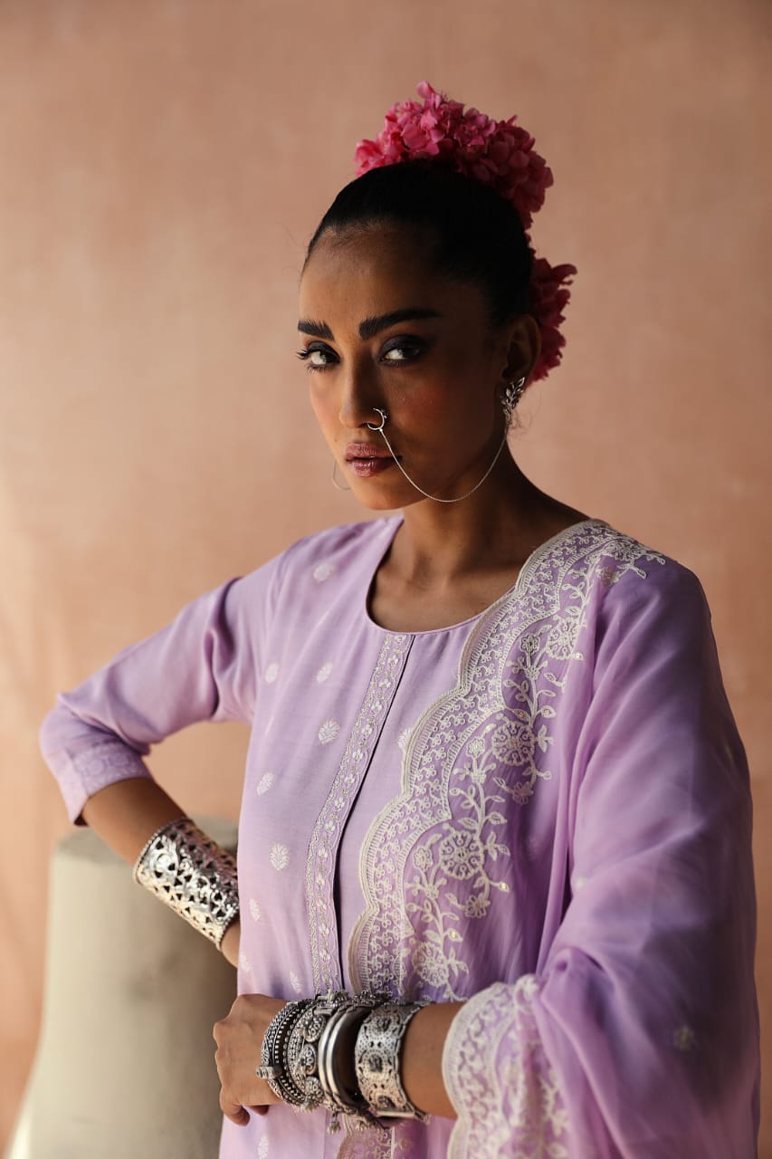 Lavender Straight Fit Cotton Silk Suit Set | HER-236