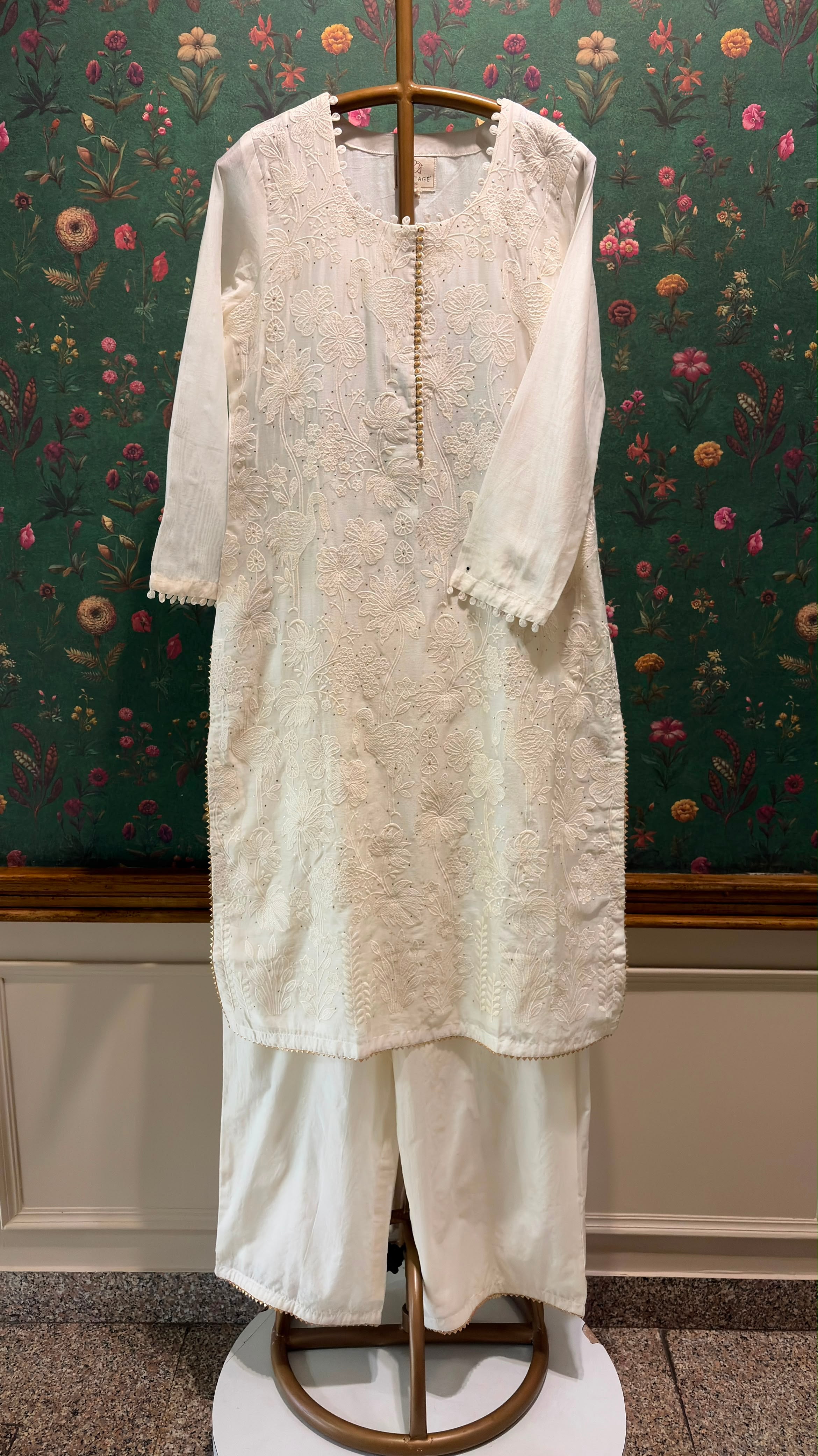 Ivory Floral Crane Embroidered Suit Set