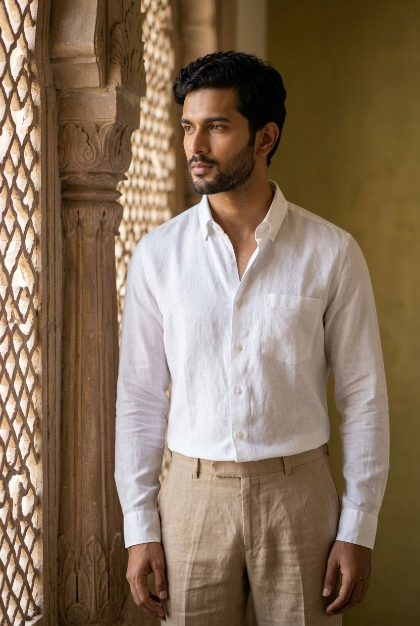 Men’s Ivory White Pure Linen Full Sleeves Shirt