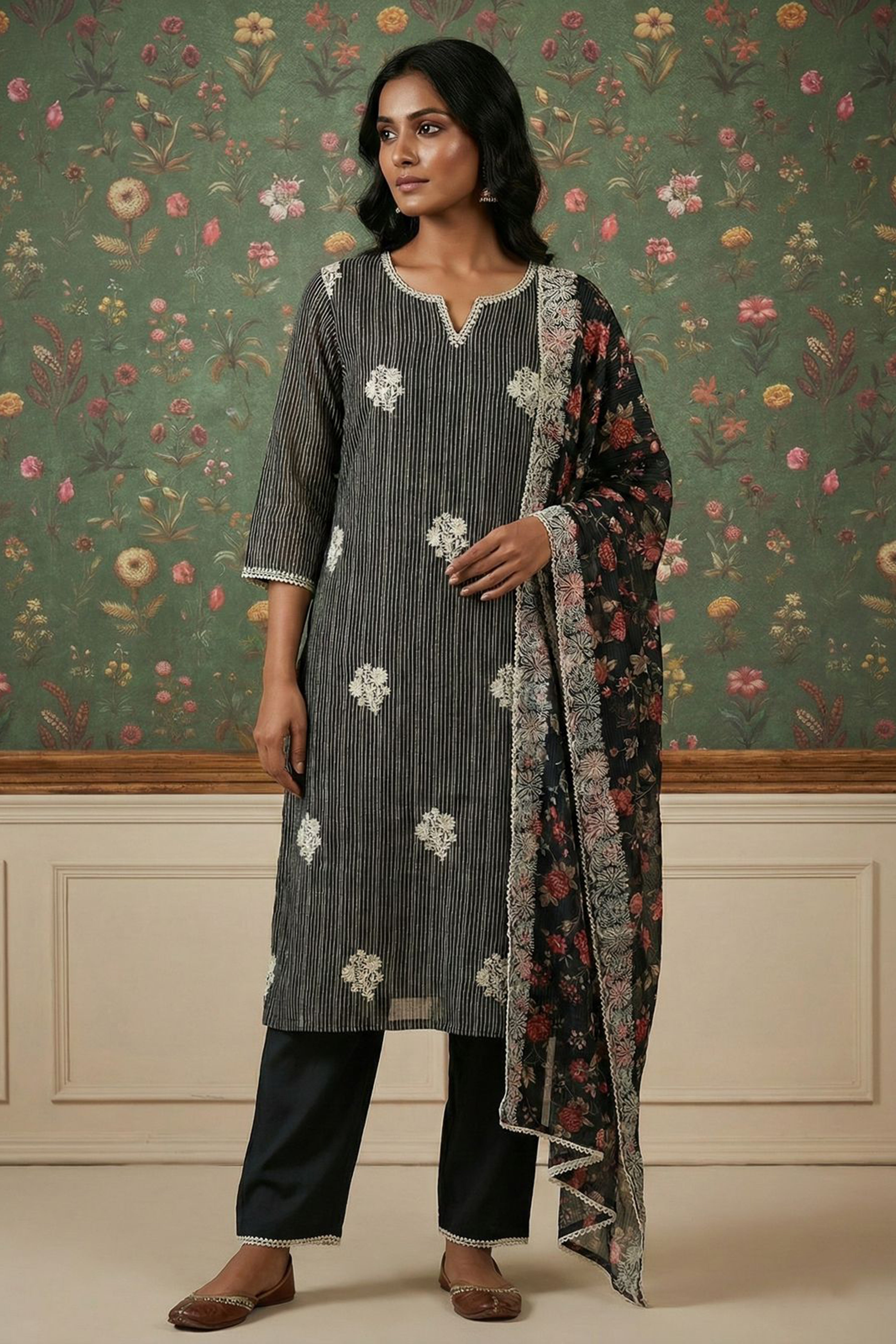 Floral Bottle Green Chanderi Suit Set | HER-452