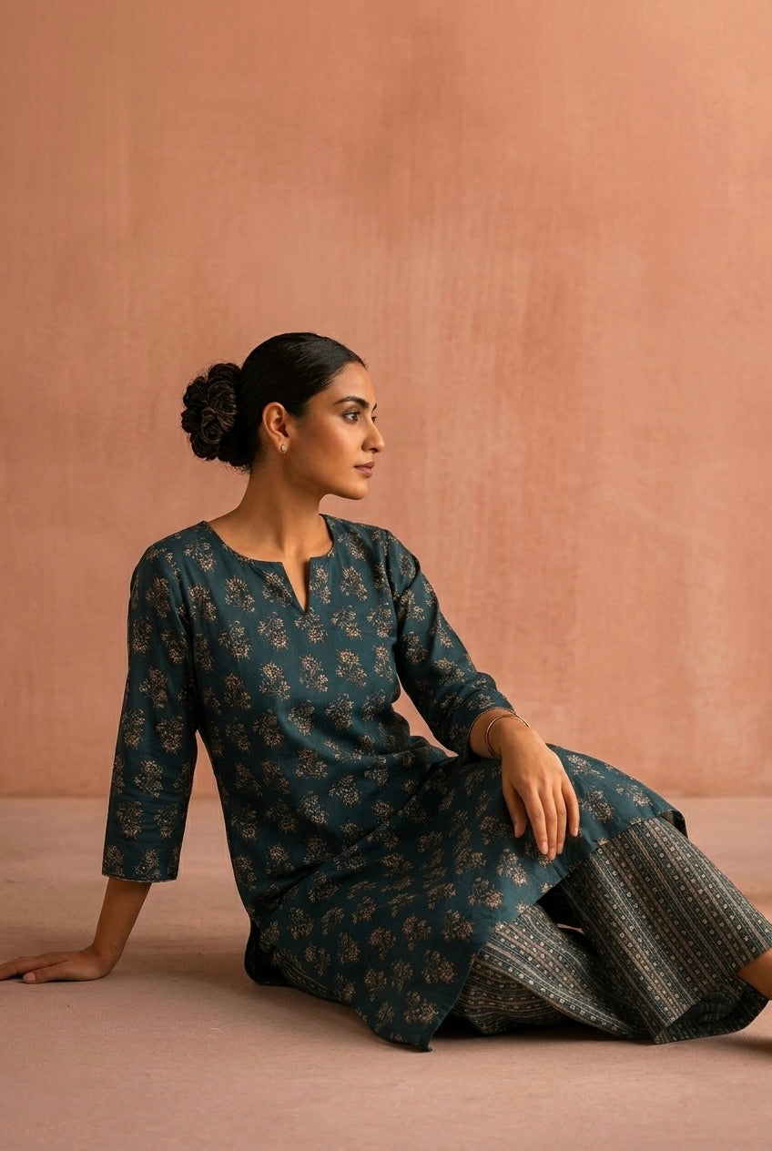 Emerald Green Buta Printed Cotton Suit Set | HER-725