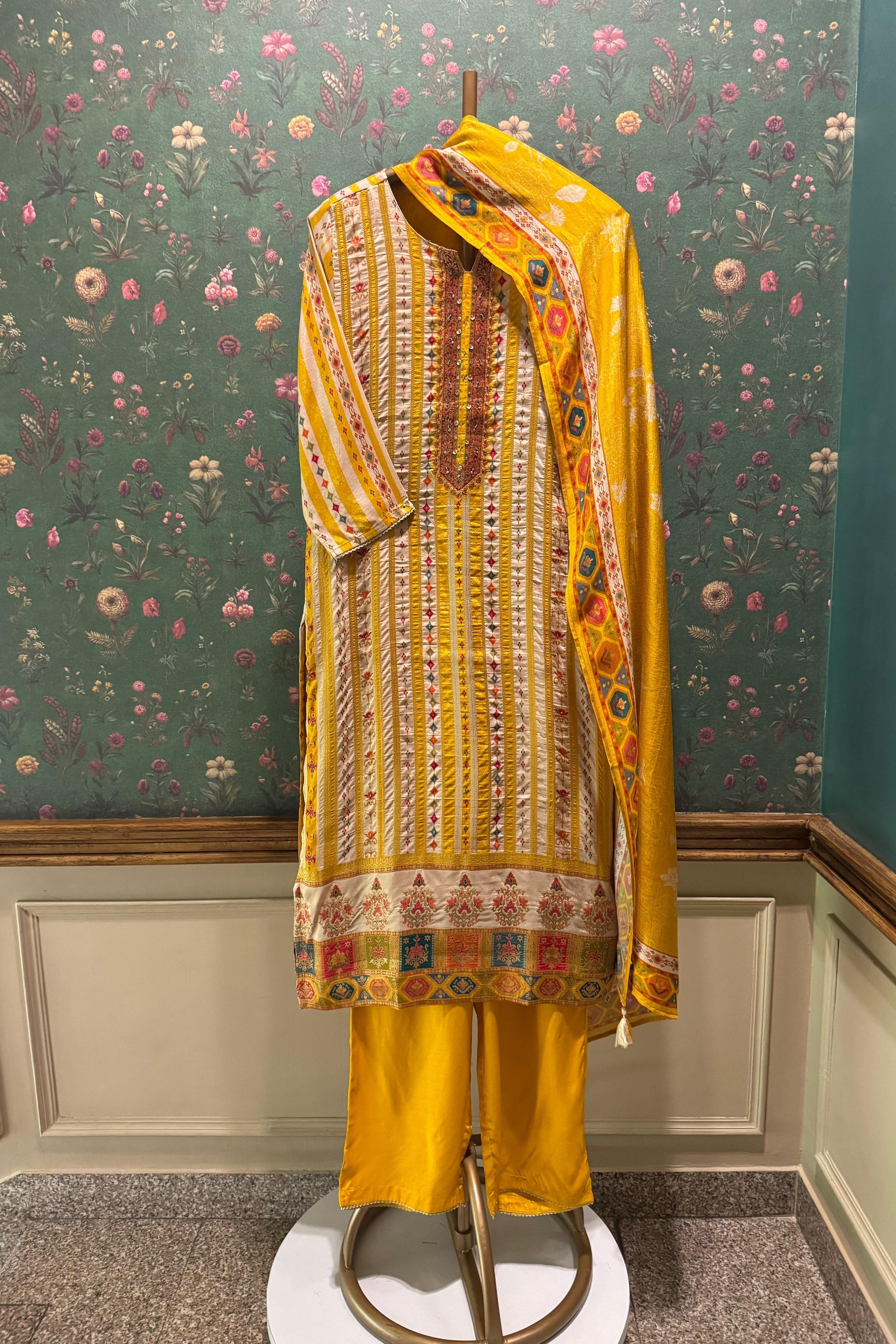 Rangriti Yellow Dola Jacquard Suit Set | HER-549