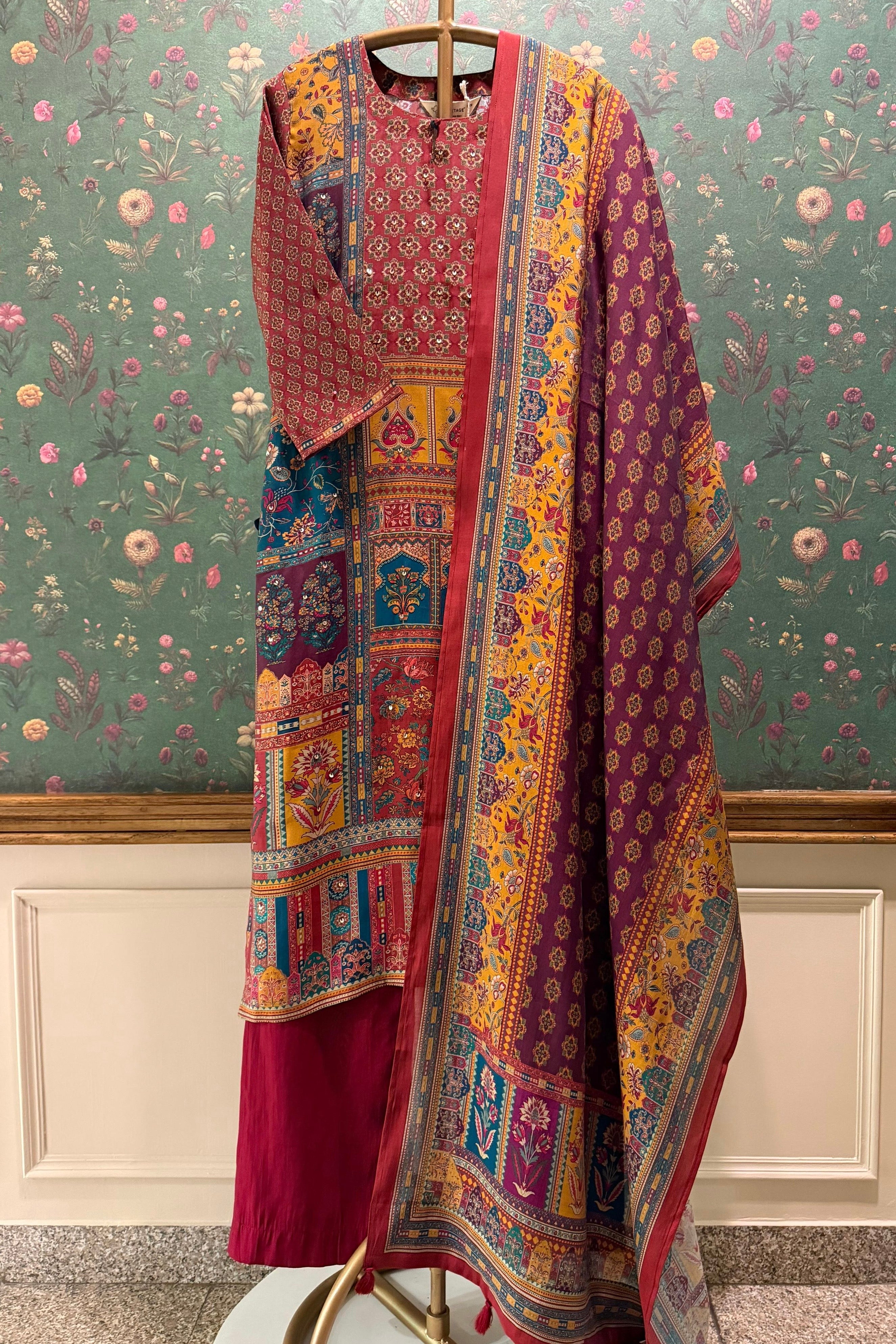 Aurelia Maroon Multicolor Muslin Suit Set | HER-569