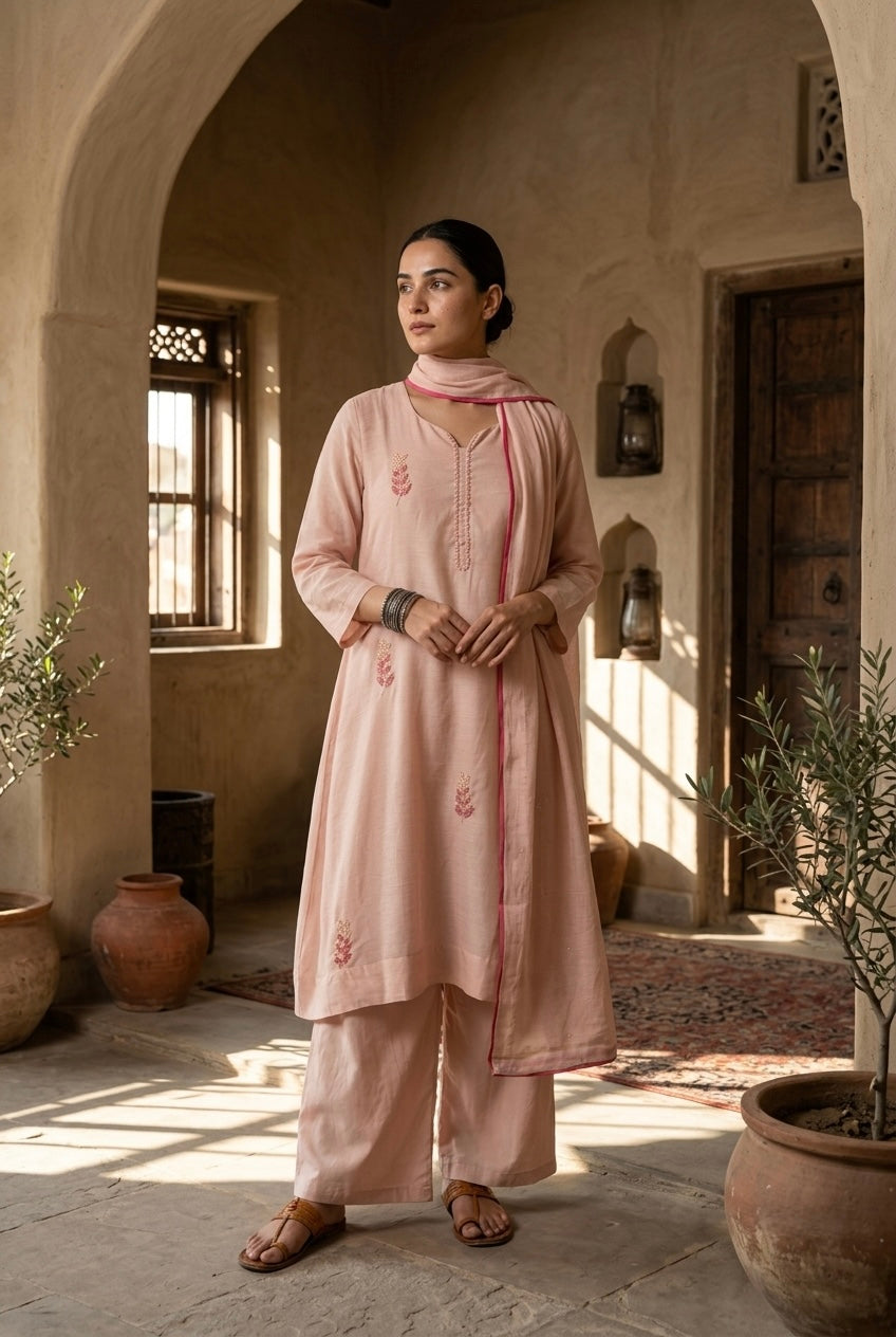 Blush Peach Pearl Embroidered Mul Chanderi A-Line Suit Set