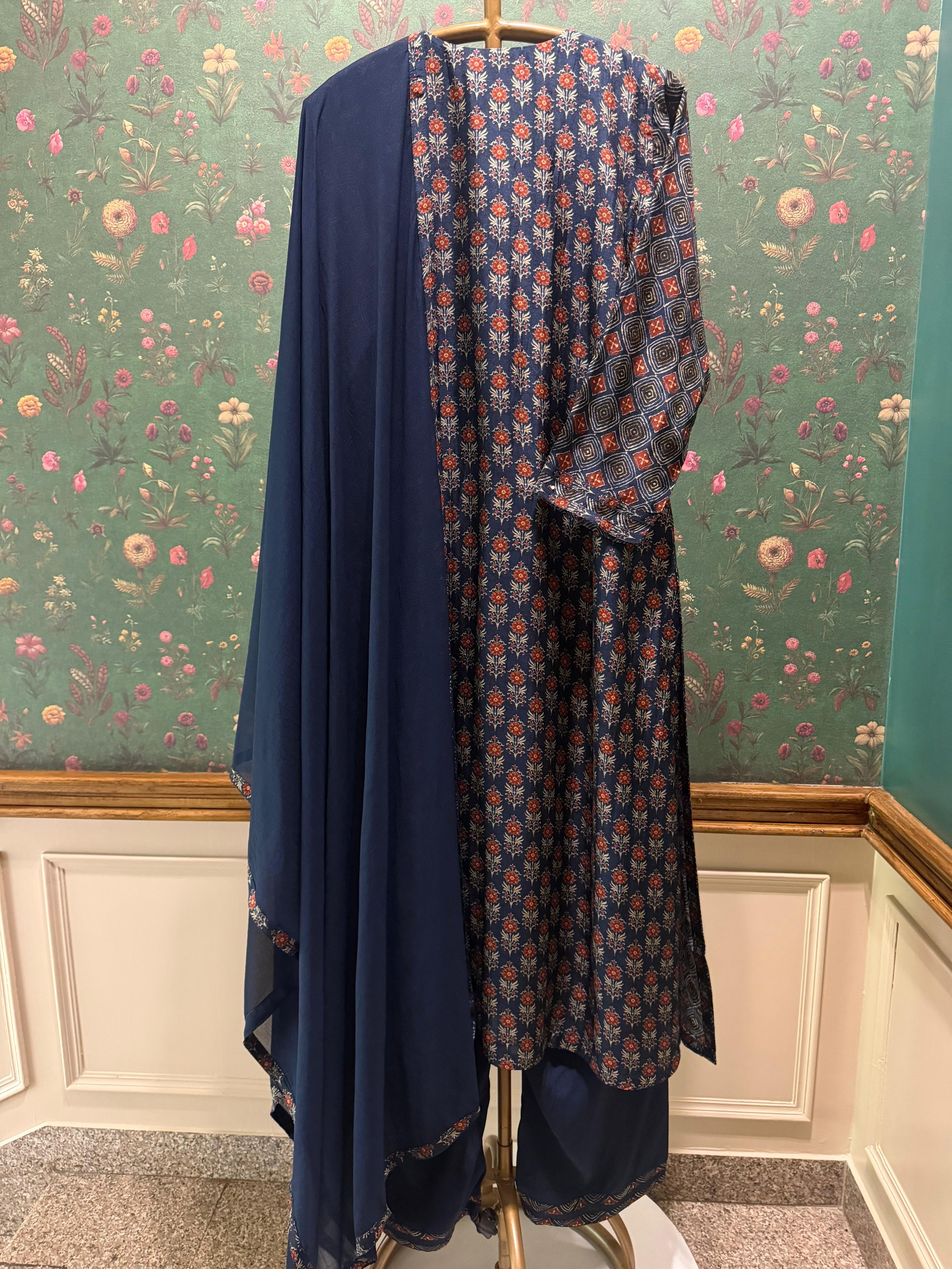 Blue Ajrakh A-Line Chanderi Silk Suit Set | HER-635 x Prachi