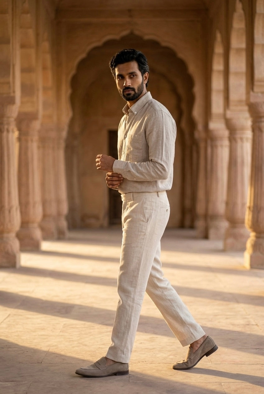Men’s Pure Linen Full Sleeves Shirt – Natural Beige Fine Textured Print