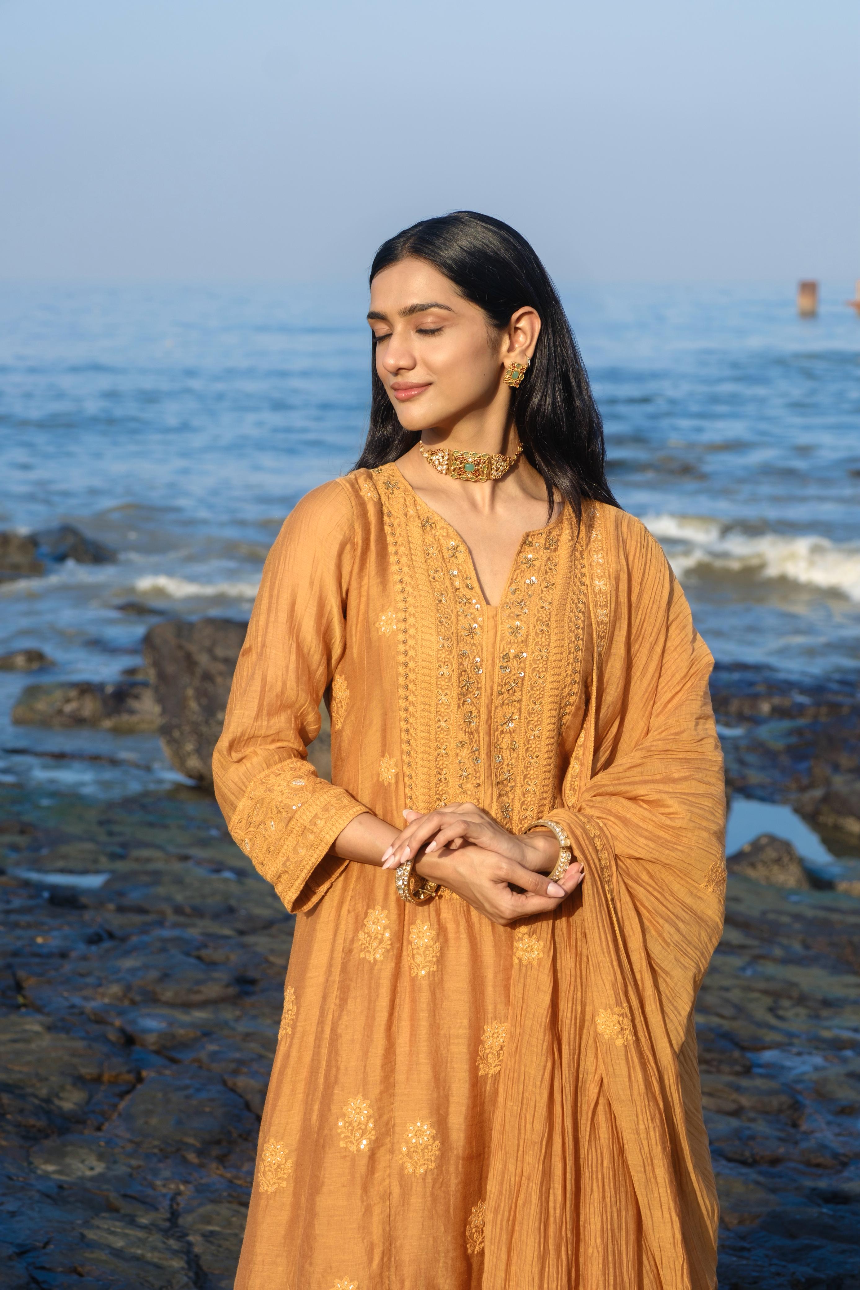 Ochre Yellow Chikankari A-Line Mul Chanderi Suit Set | HER-626