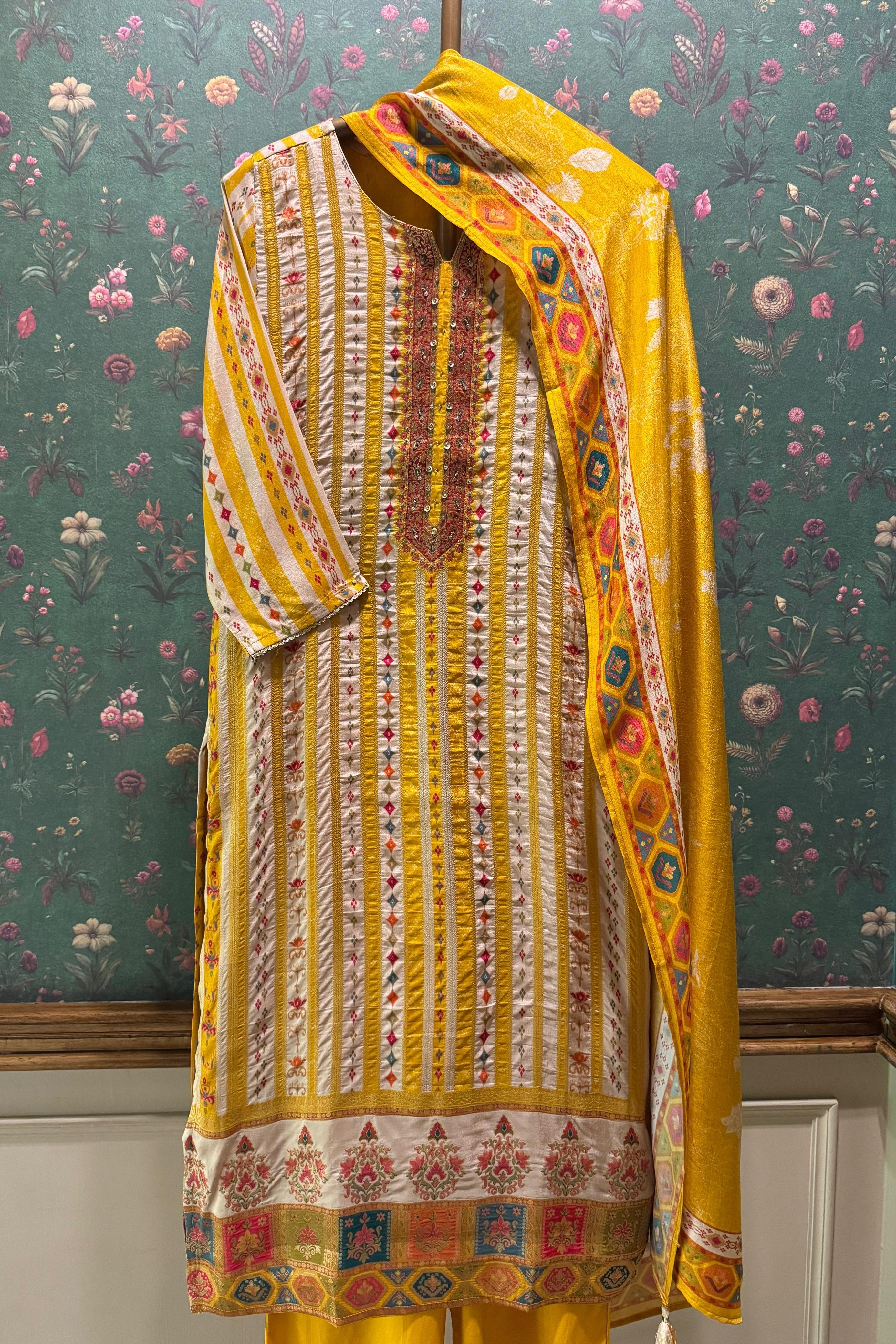 Rangriti Yellow Dola Jacquard Suit Set | HER-549