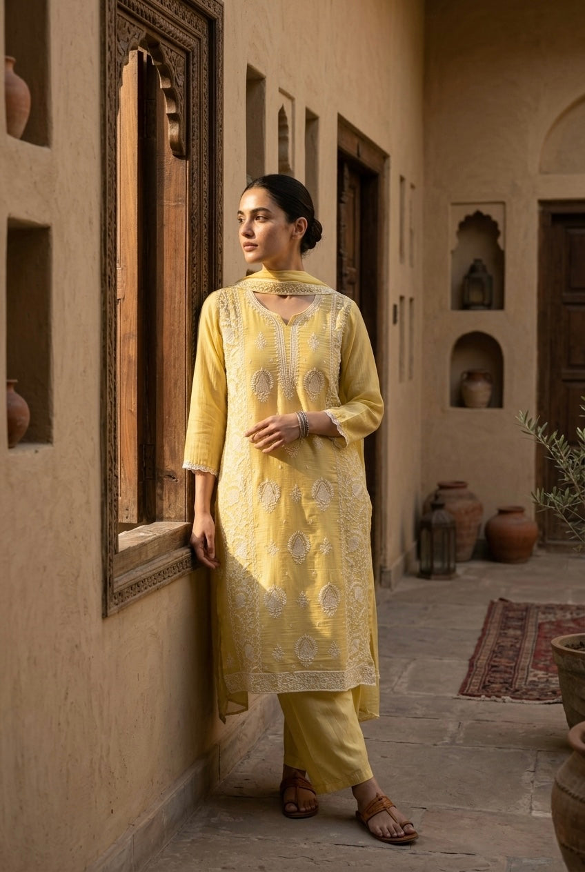 Pastel Yellow Embroidered Mul-Chanderi Suit Set | HER-788
