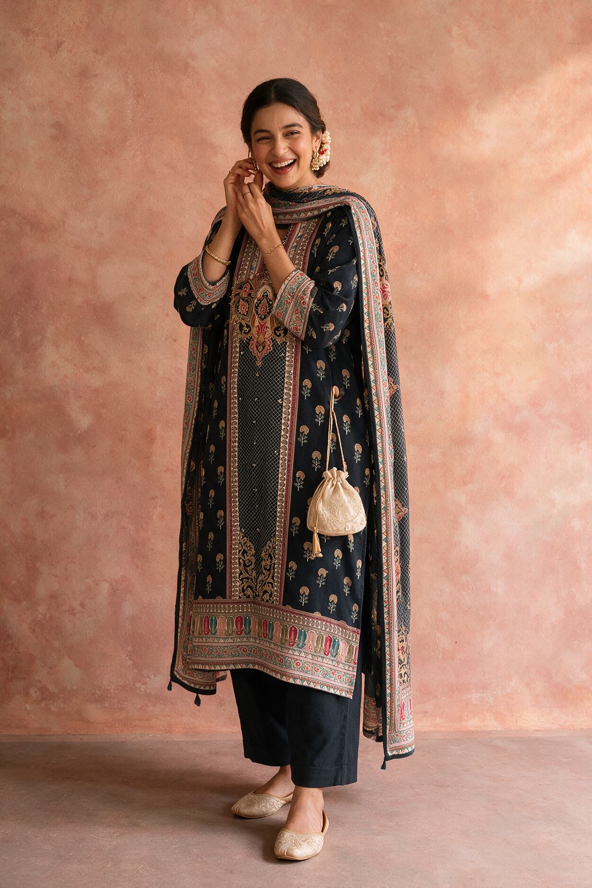 Black Printed Muslin Printed Suit Set