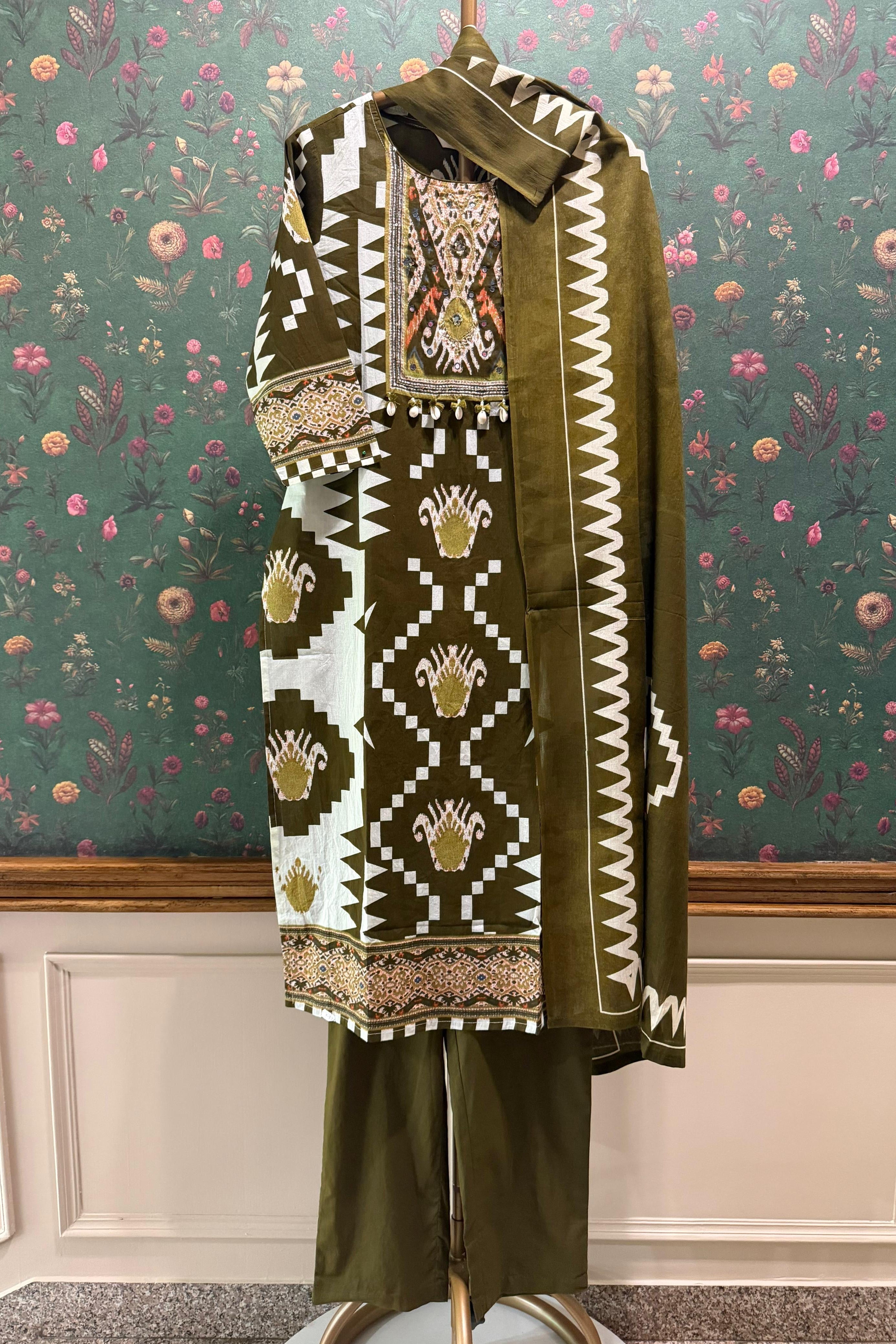 Kanak Ikat Olive Green Handcrafted Suit Set | HER-748
