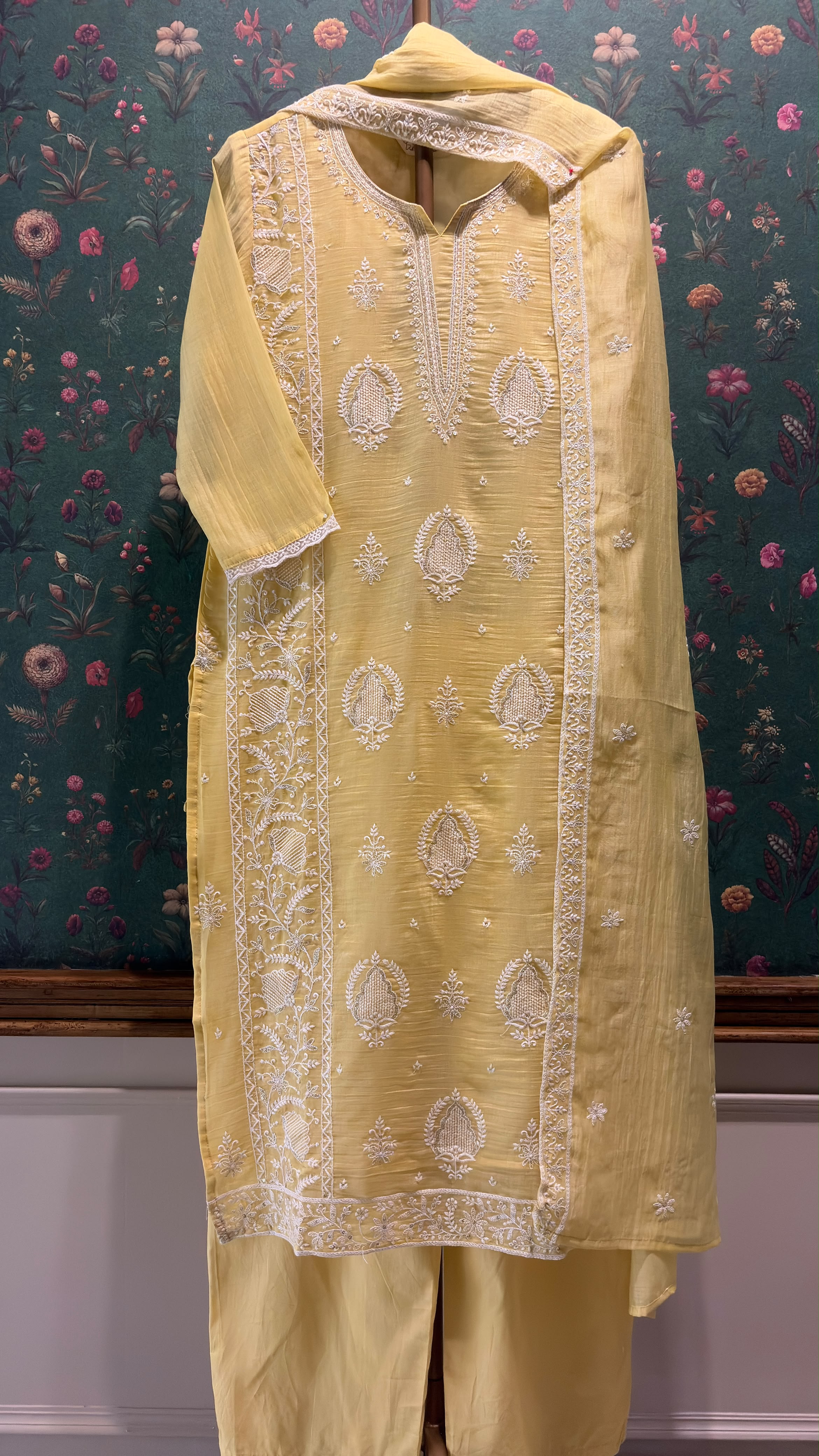 Pastel Yellow Embroidered Mul-Chanderi Suit Set | HER-788