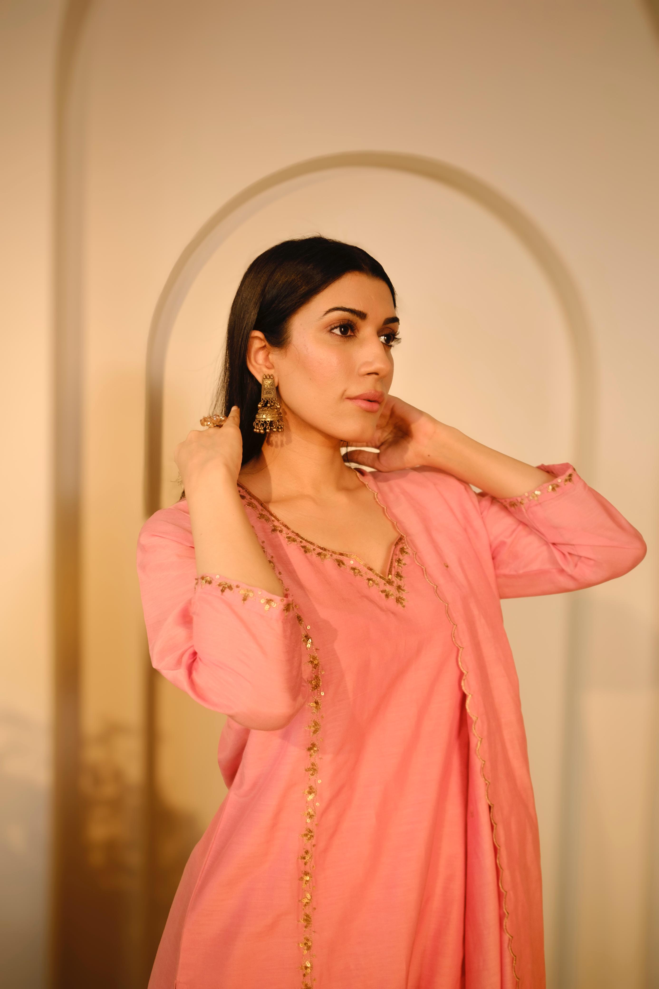 Khwabida Peach Mul Chanderi Suit Set | HER-542