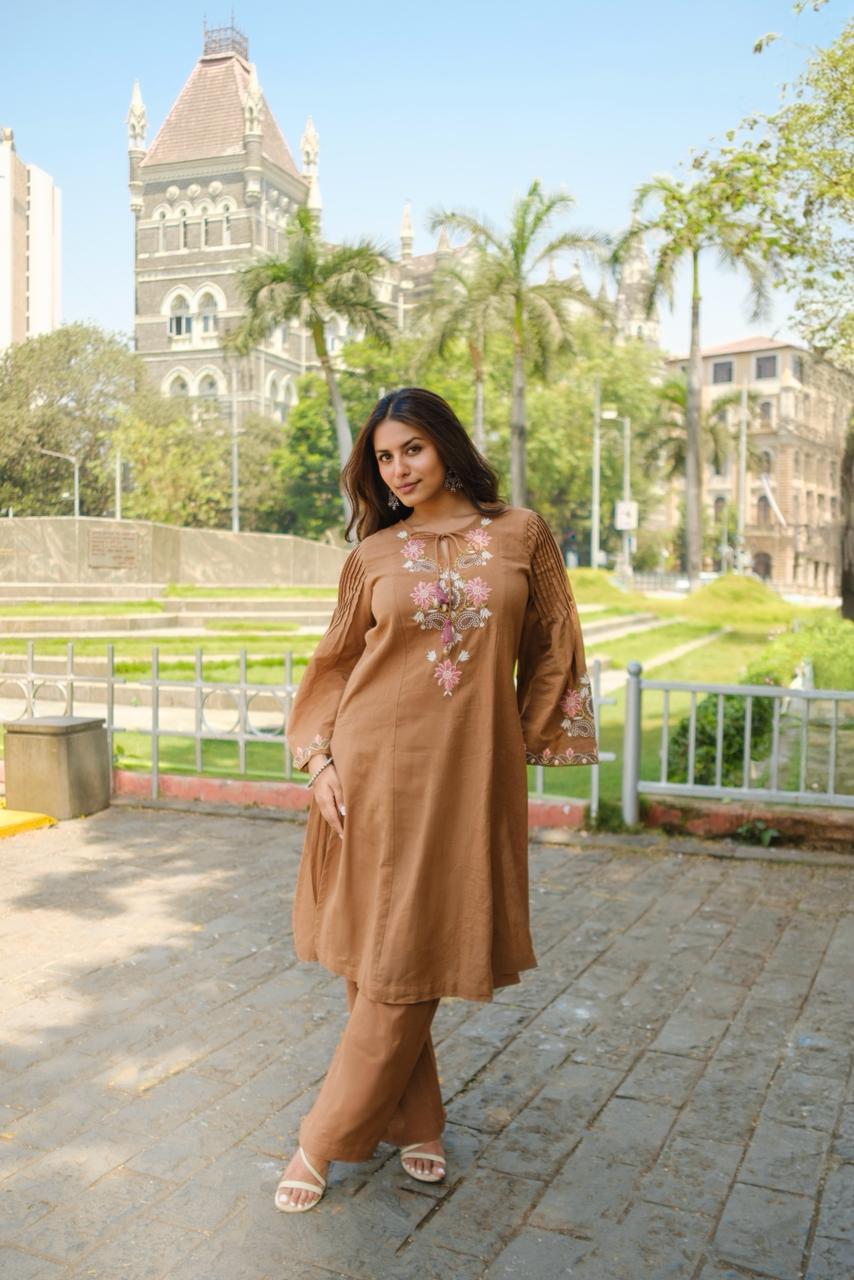 Caramel Brown Embroidered A-Line Kurta Set | HER-723