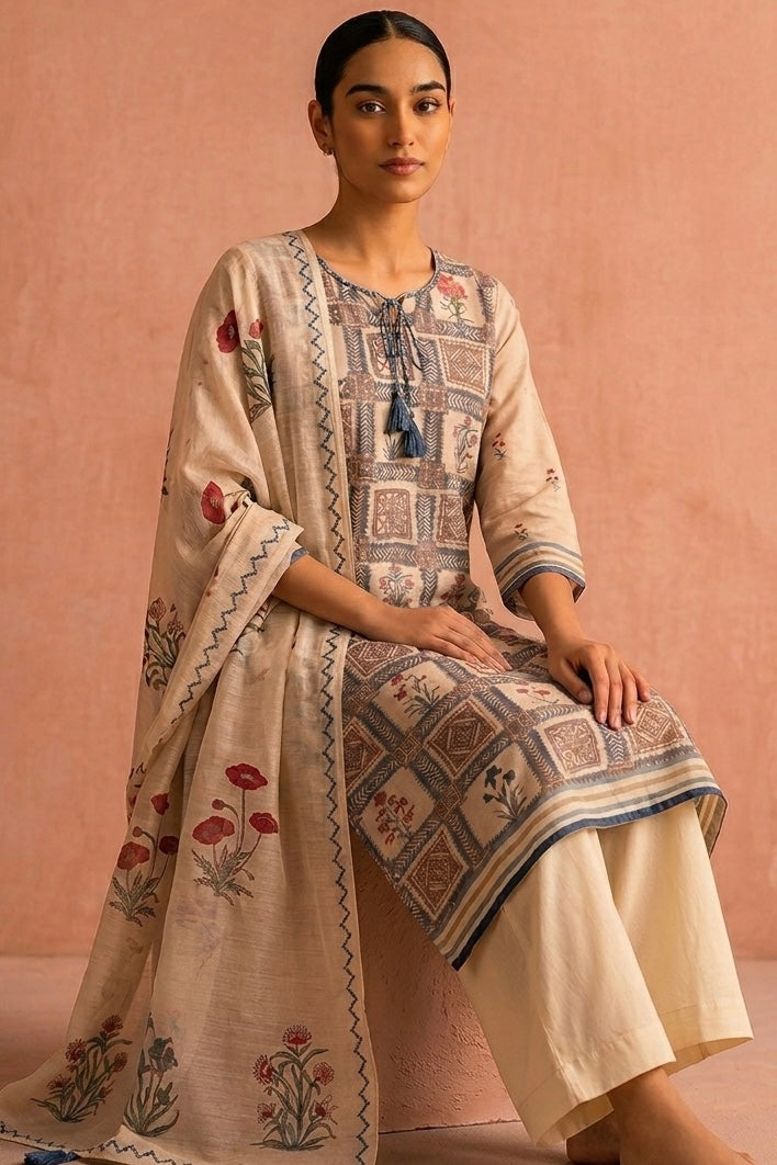 Warm Ivory Chanderi Printed Suit Set | HER-650