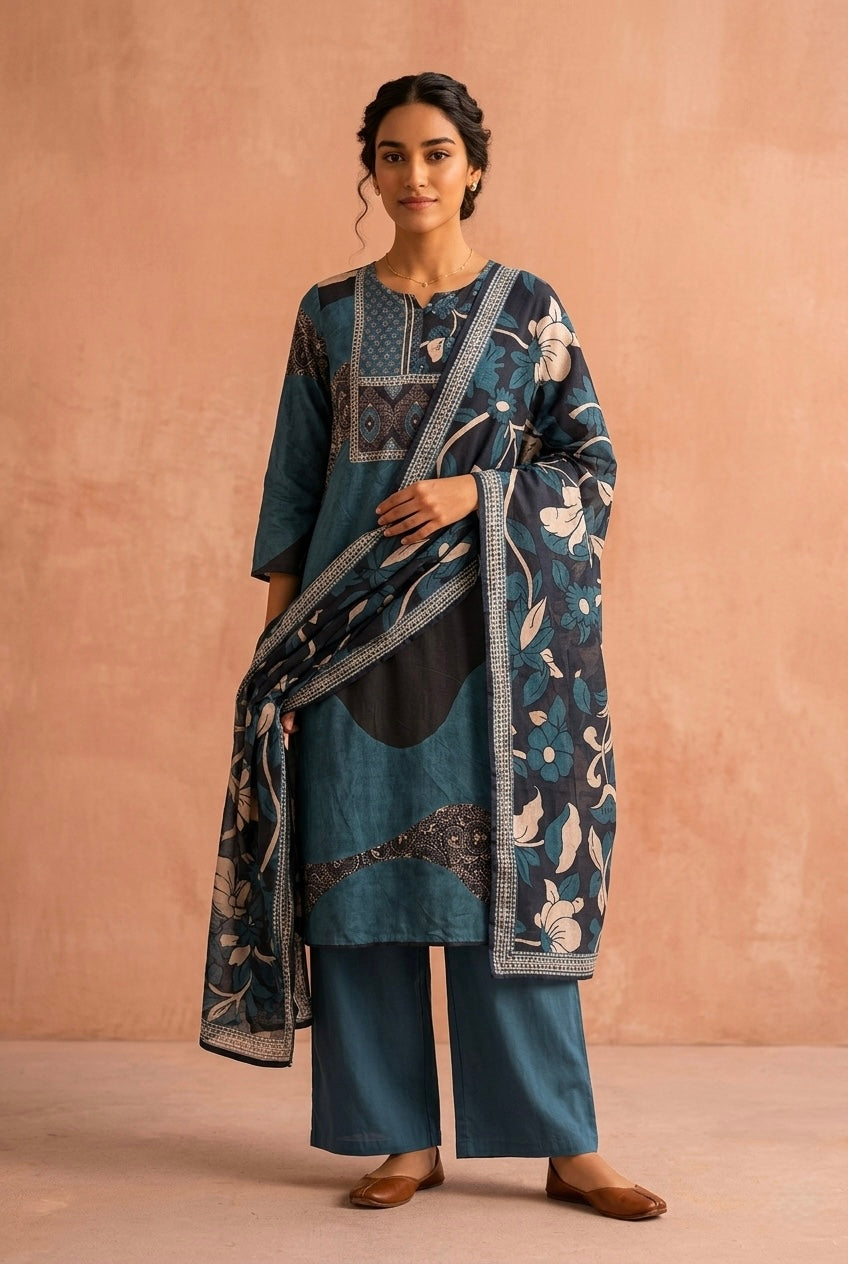 Blue Printed Cotton Suit Set | HER-700