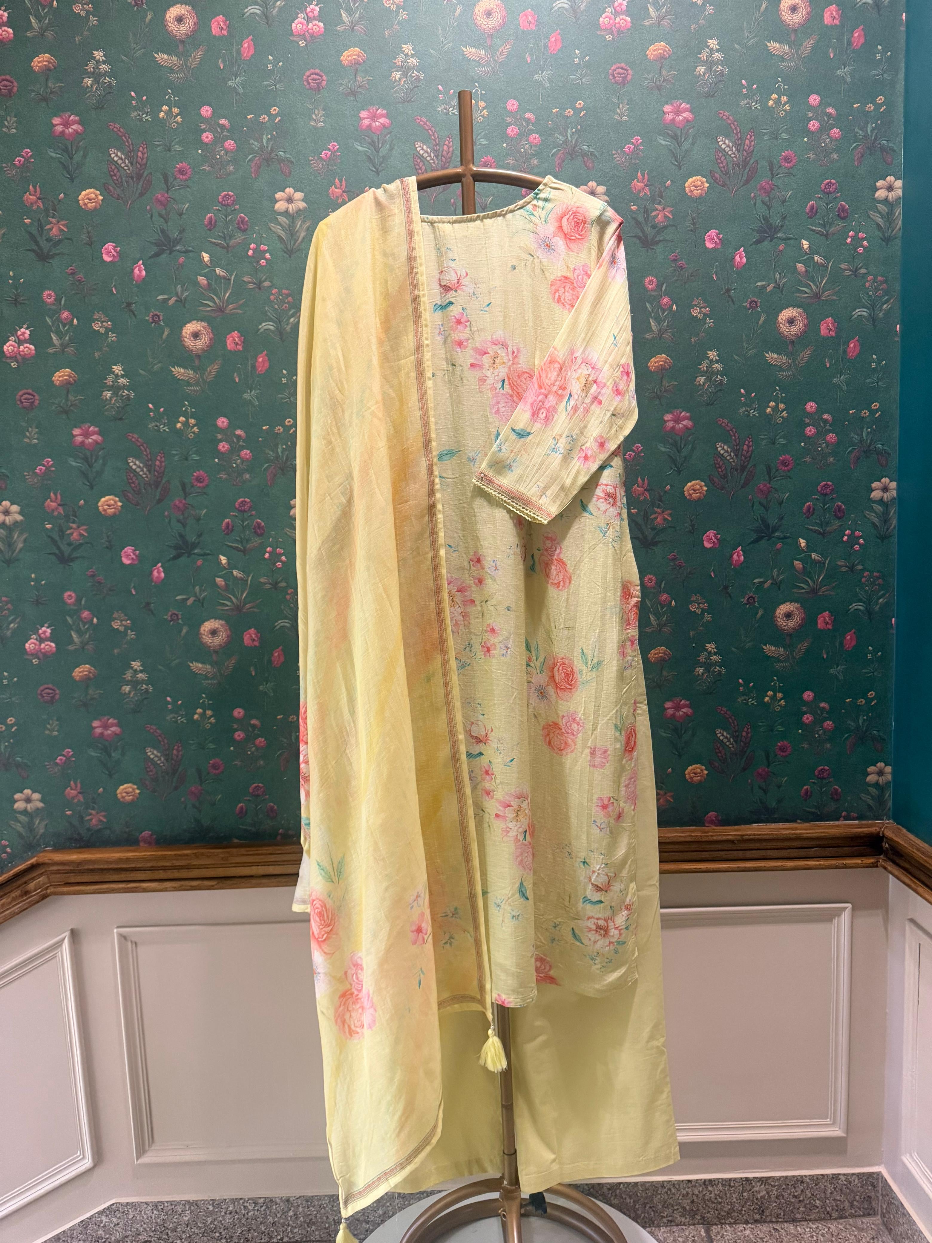 Pastel Yellow Floral Printed Cotton Linen Suit Set | HER-773