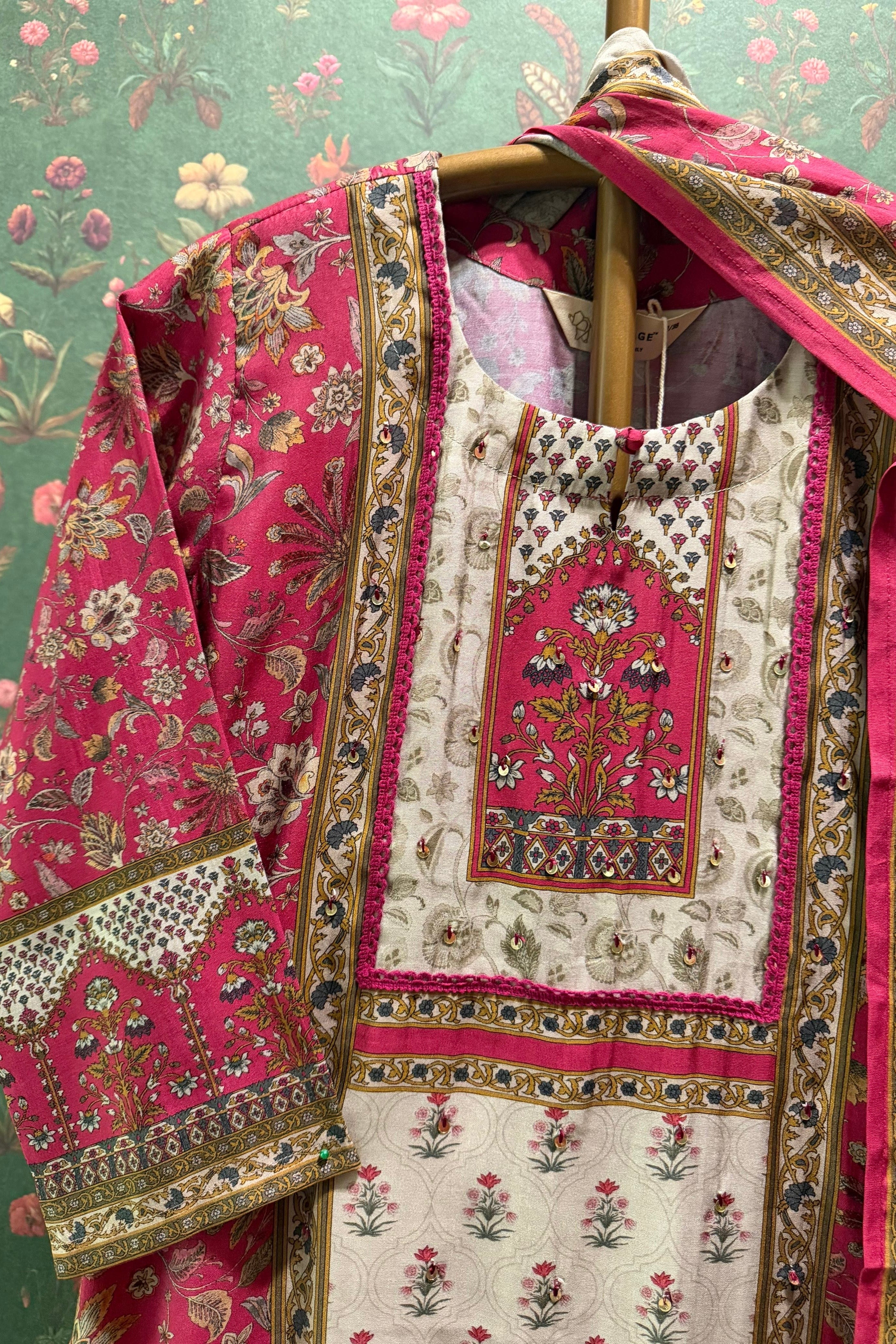Gulnaar Rose Pink Jaal Printed Suit Set | HER-600
