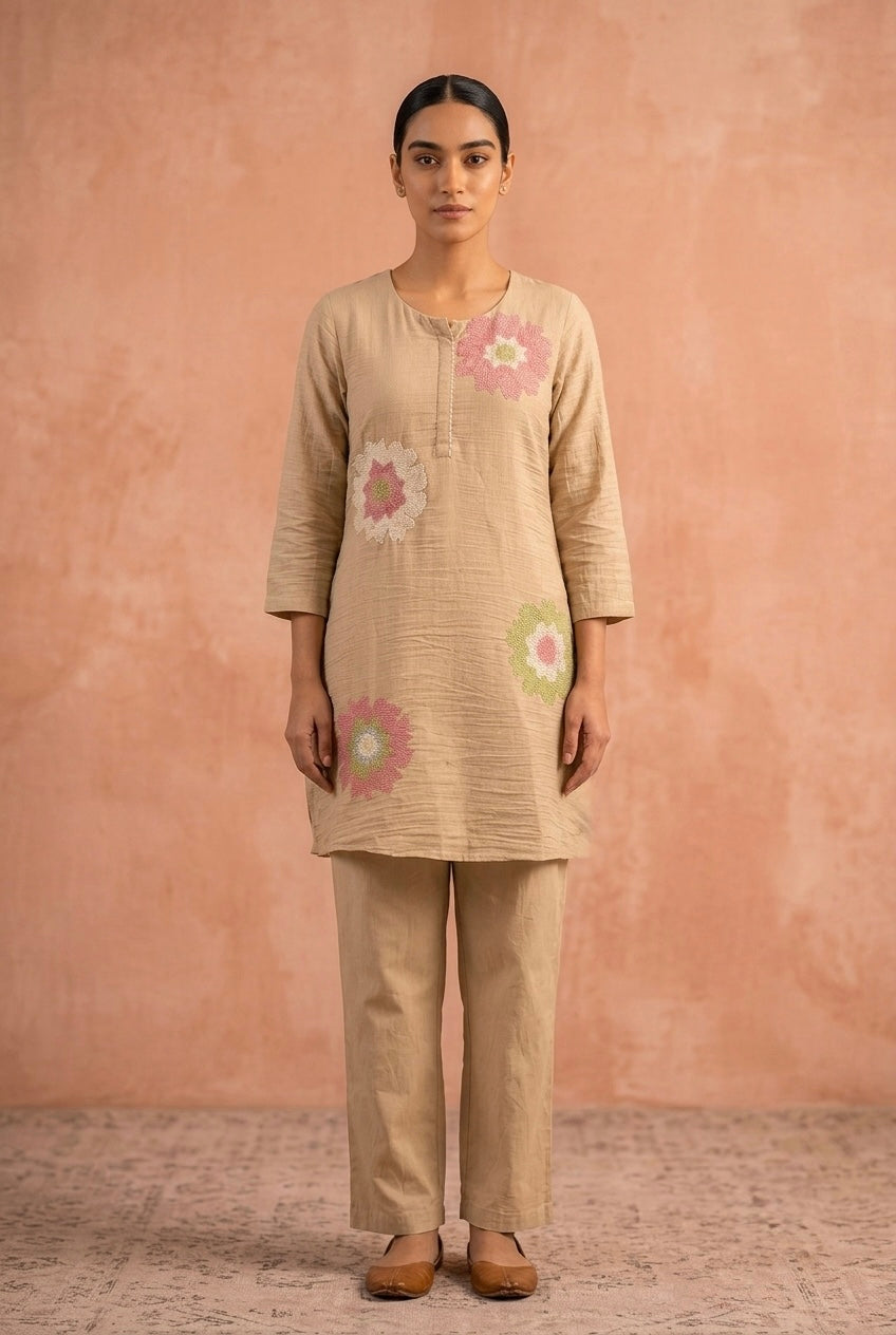 Blush Meadow Handcrafted Co-ord Set, Soft Beige | HER-623