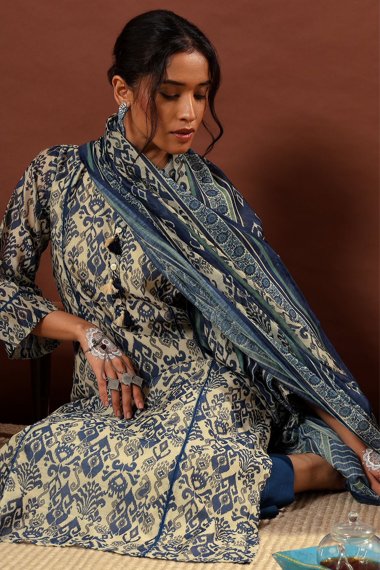 Mahek Midnight Blue Printed Chanderi Suit Set | HER-501