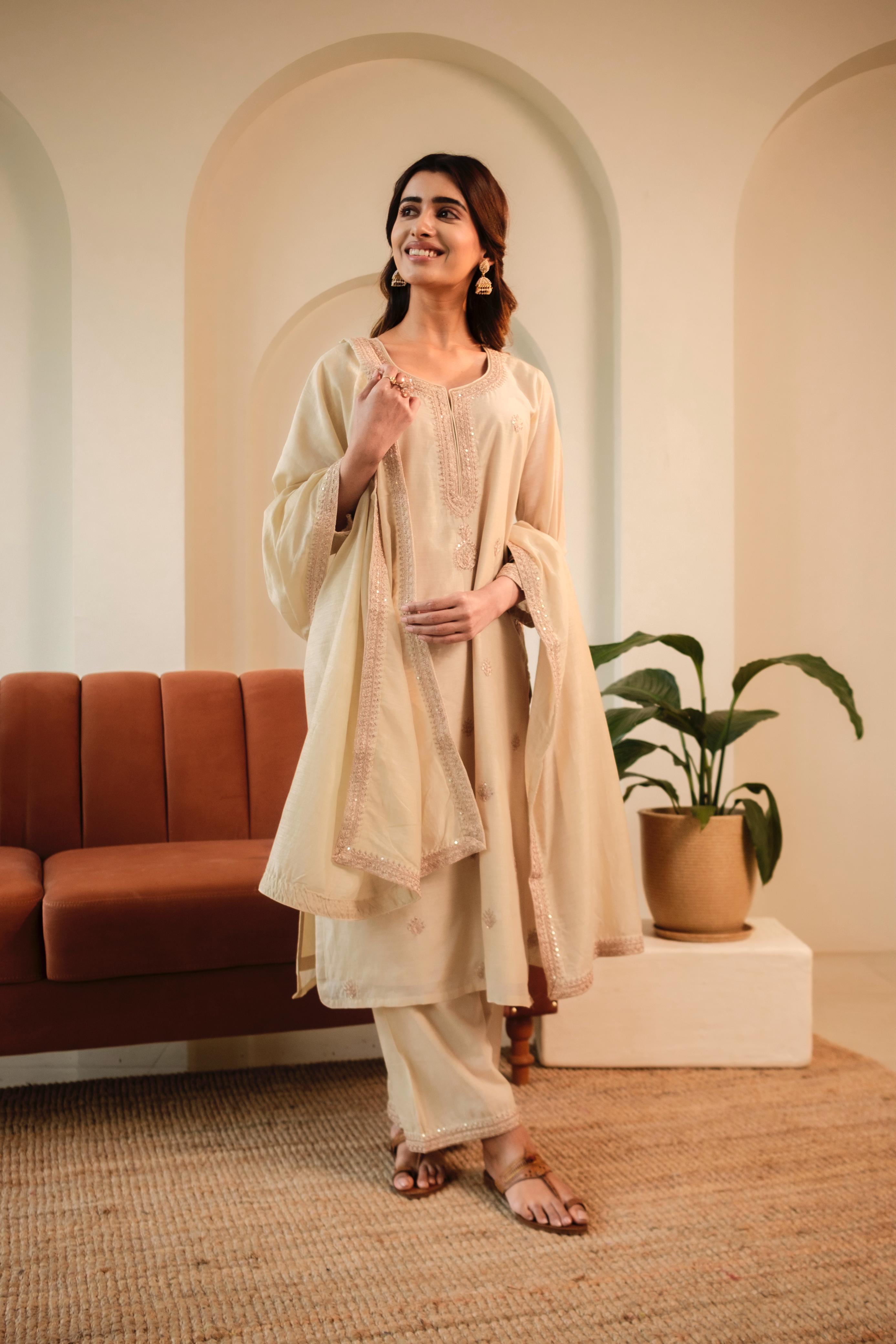 Aafreen Beige Mul Chanderi Embroidered Suit Set | HER-543