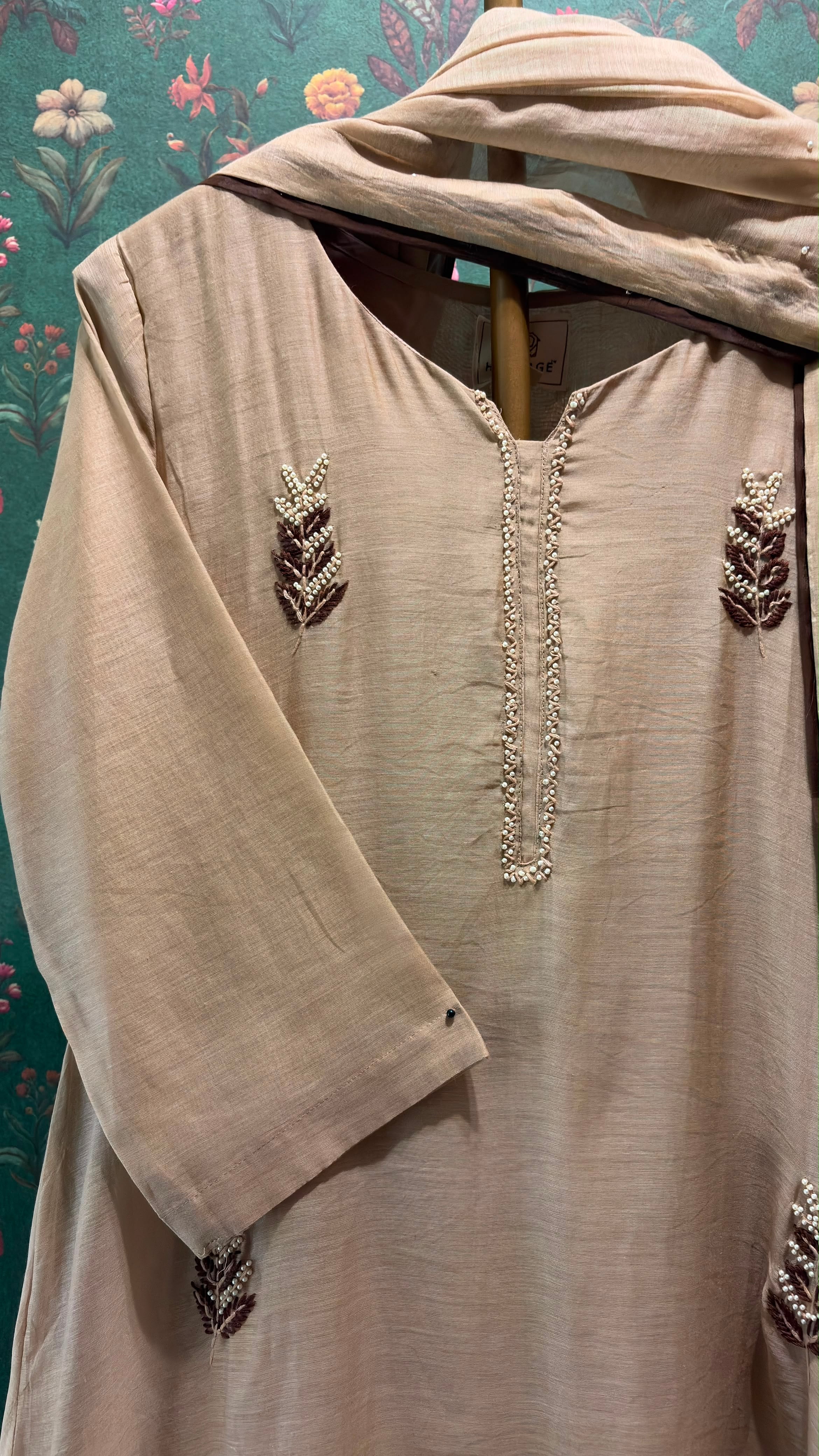 Champagne Beige Embellished Mul Chanderi A-Line Suit Set