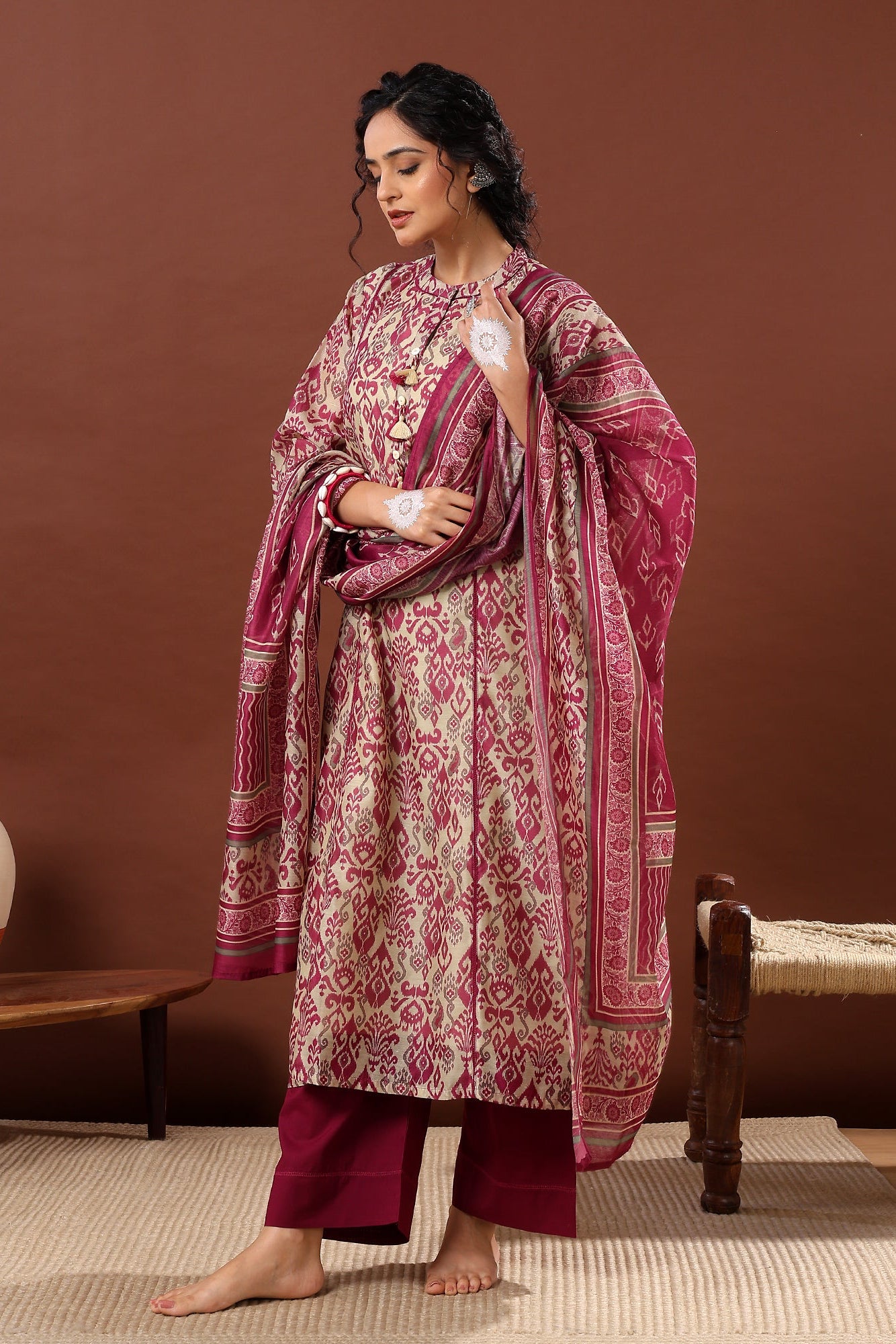 Mahek Wine Printed Chanderi Suit Set | HER-501