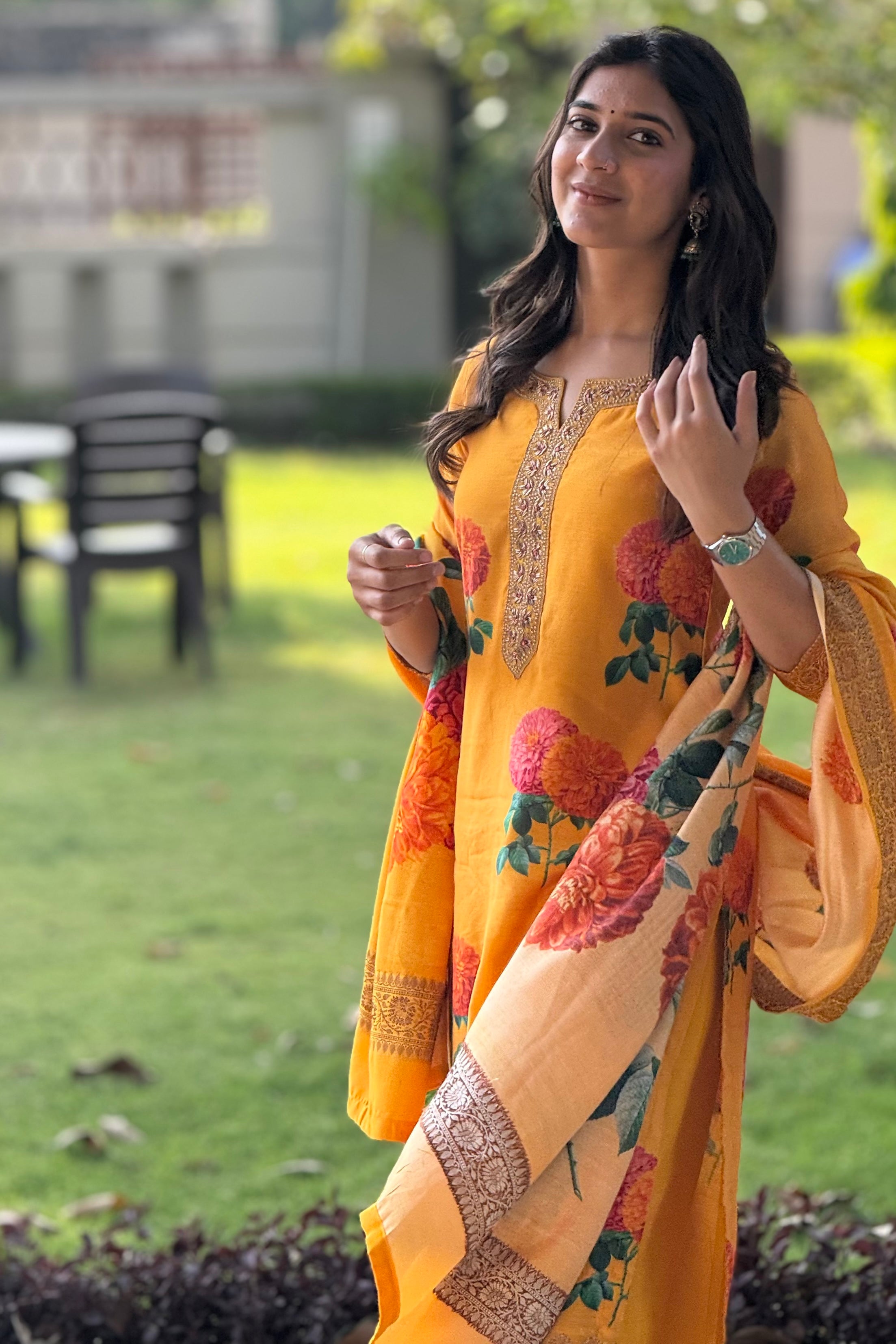 Yellow Floral Chanderi Suit Set | HER-608