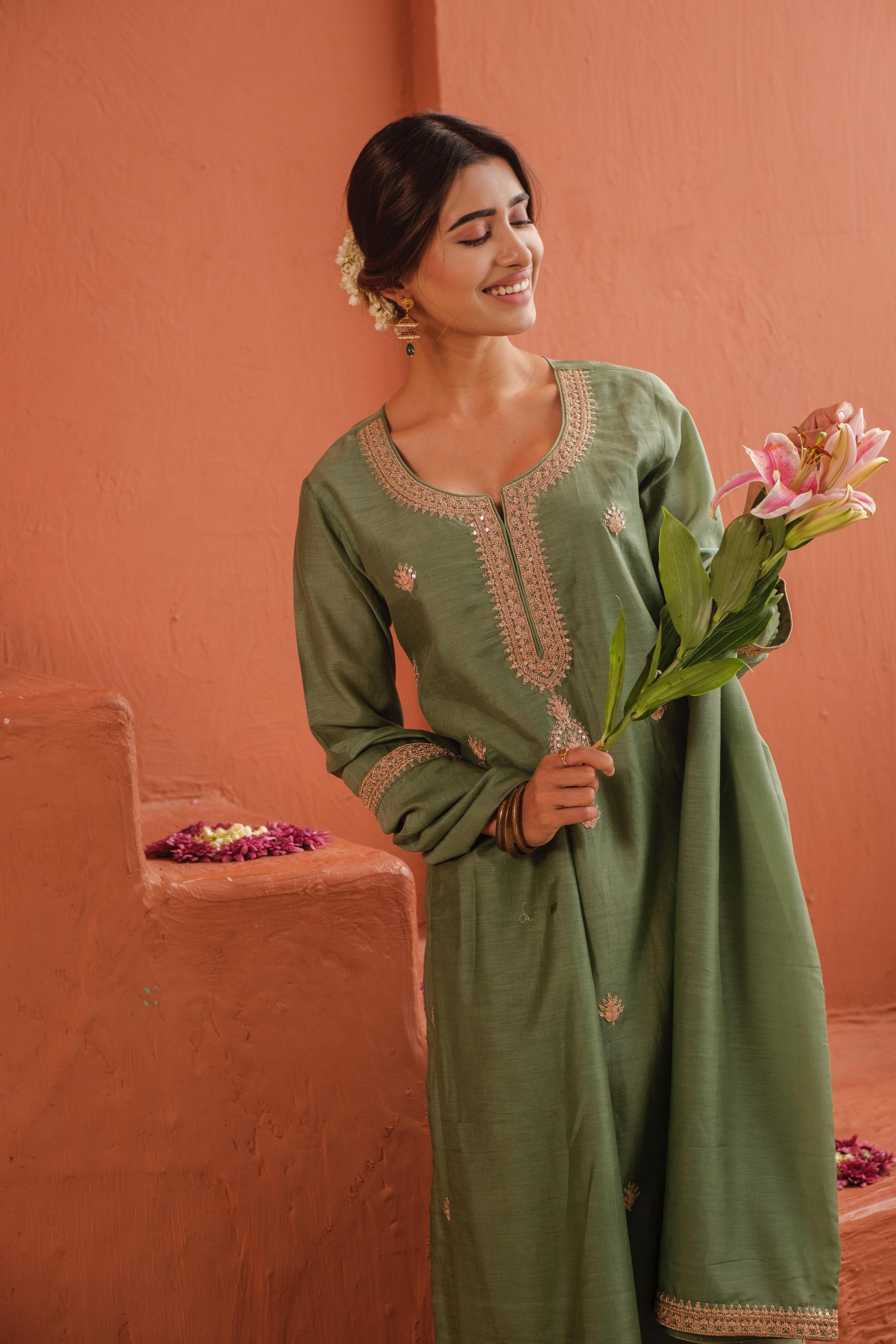 Aafreen Sage Green Mul Chanderi Embroidered Suit Set | HER-543