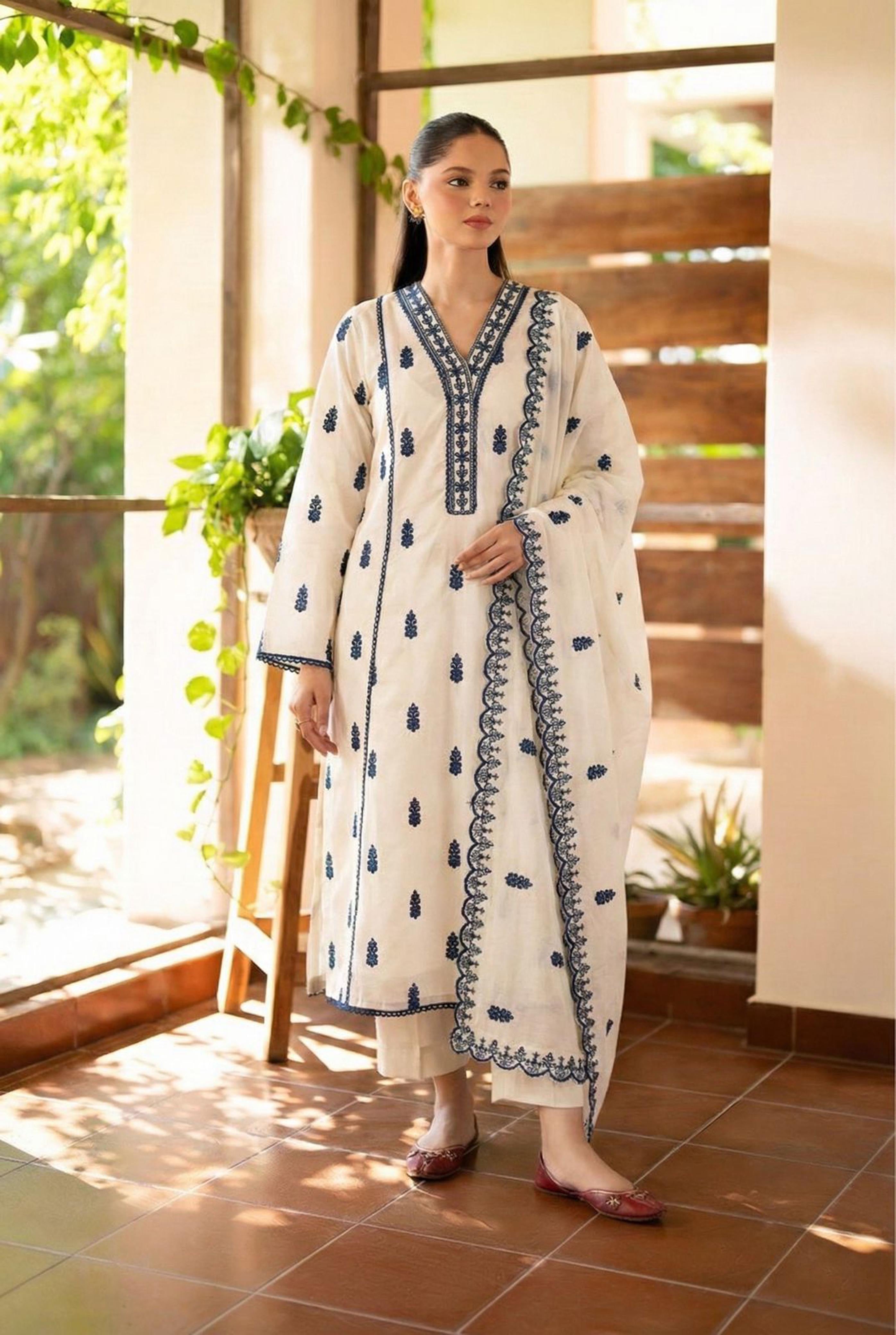 Ivory Cotton Charm Suit Set, Blue | HER-514