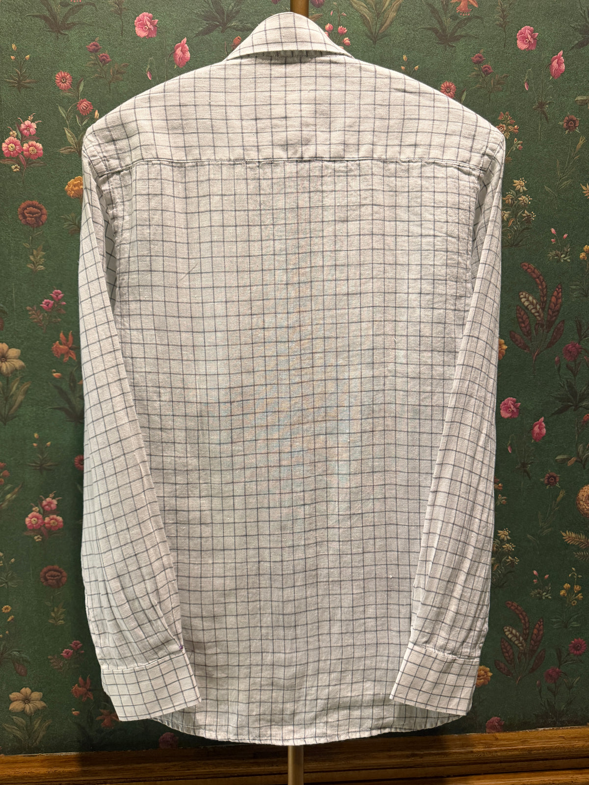 Men’s Ivory Grey Windowpane Check Pure Linen Full Sleeves Shirt