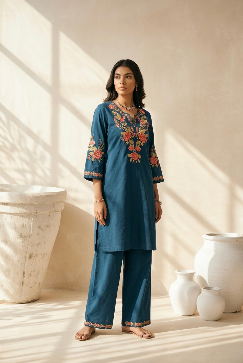 Teal Blue Embroidered Kurta Set | HER-721 x Prachi