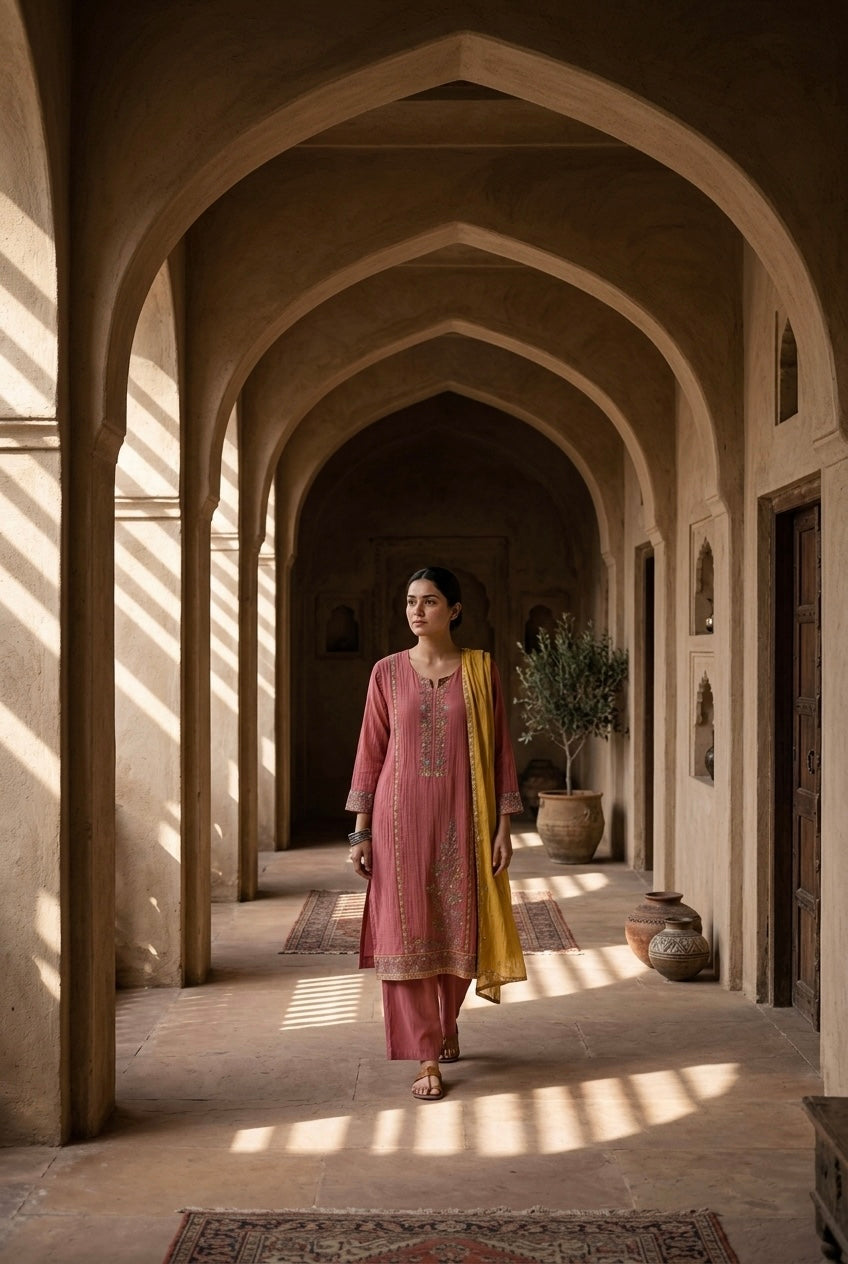 Rose Pink Mul-Chanderi Embroidered Suit Set