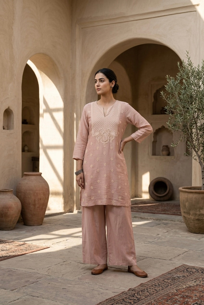 Pastel Pink Mul-Chanderi Kurta Set