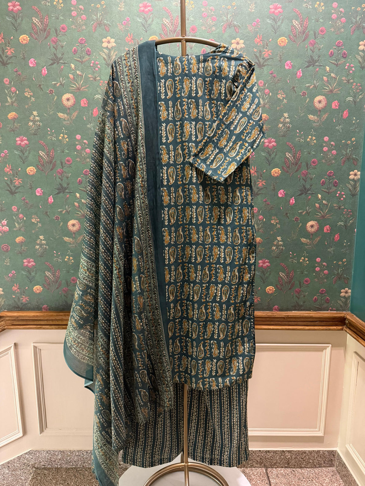 Teal Paisley Printed Cotton Suit Set | HER-734