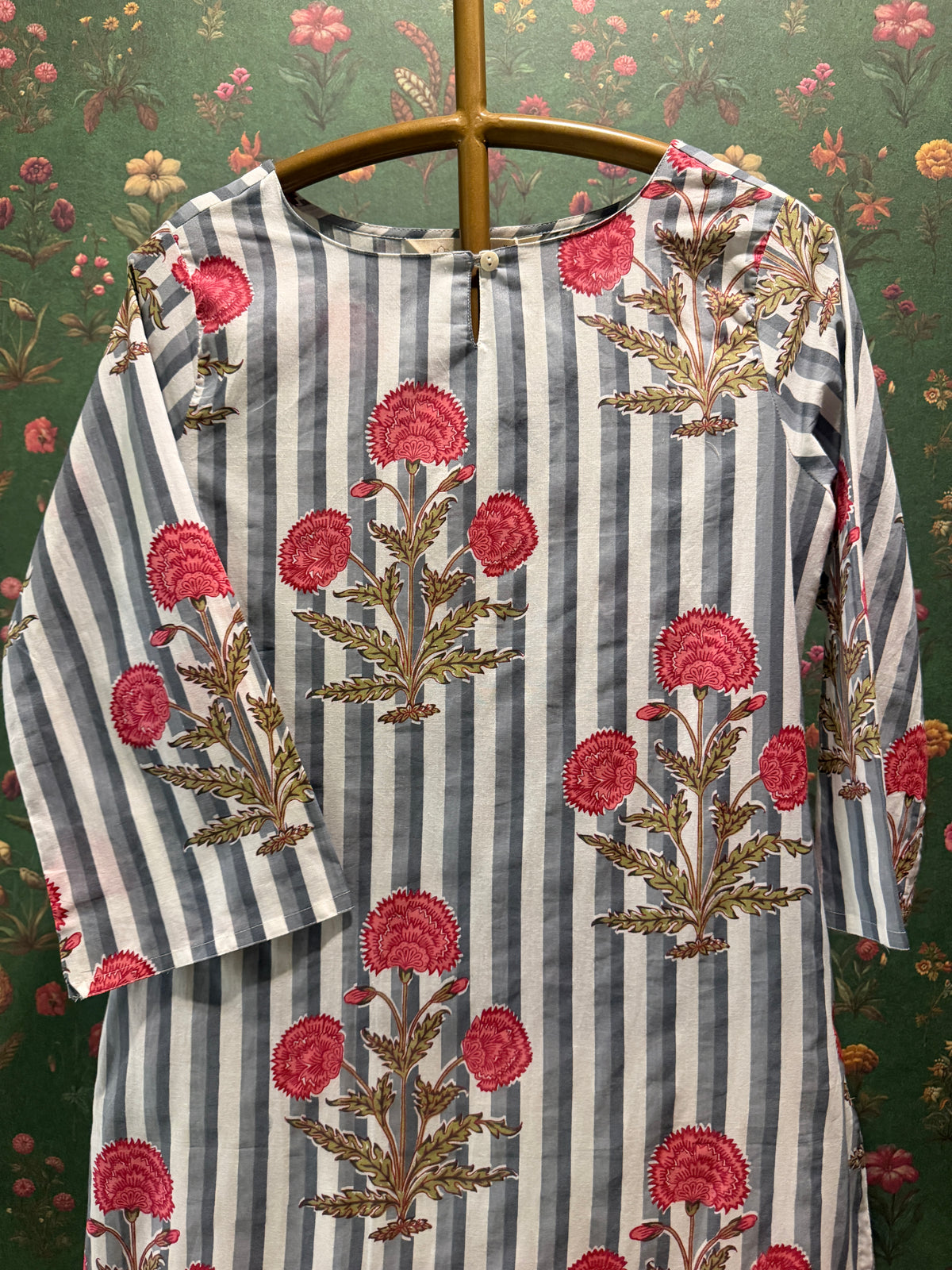 Blue Stripe Floral Cotton Kurta Set