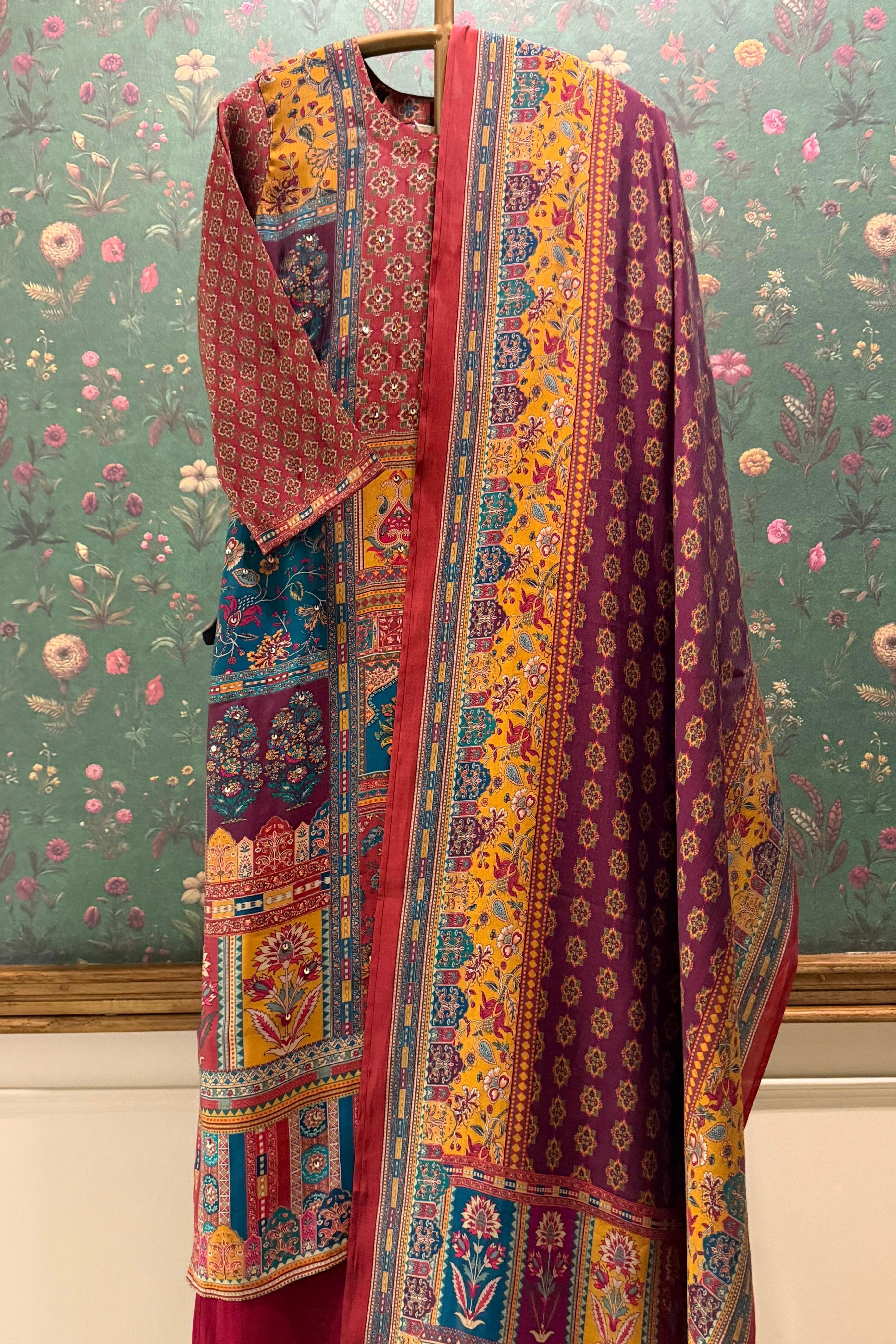 Aurelia Maroon Multicolor Muslin Suit Set | HER-569