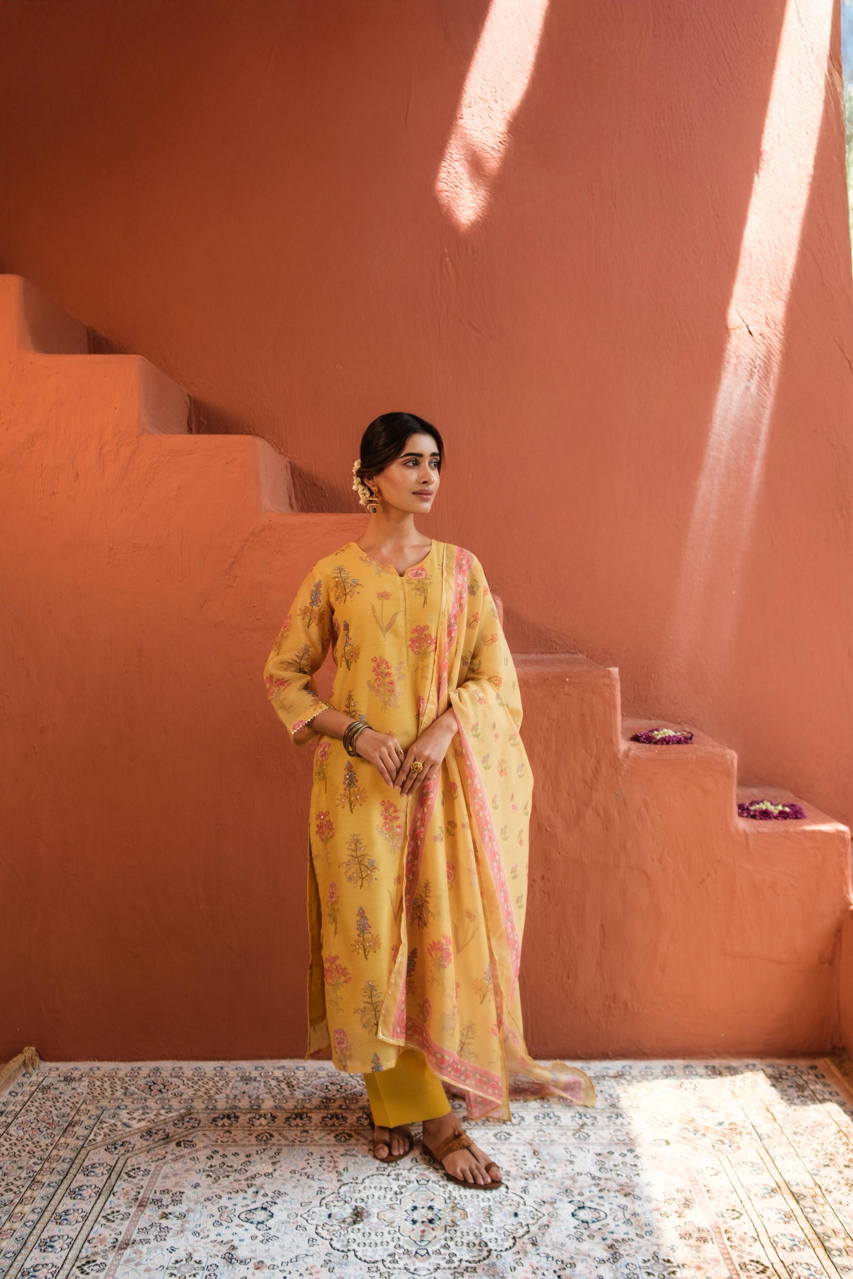 Floral Bloom Yellow Chanderi Suit Set | HER-420