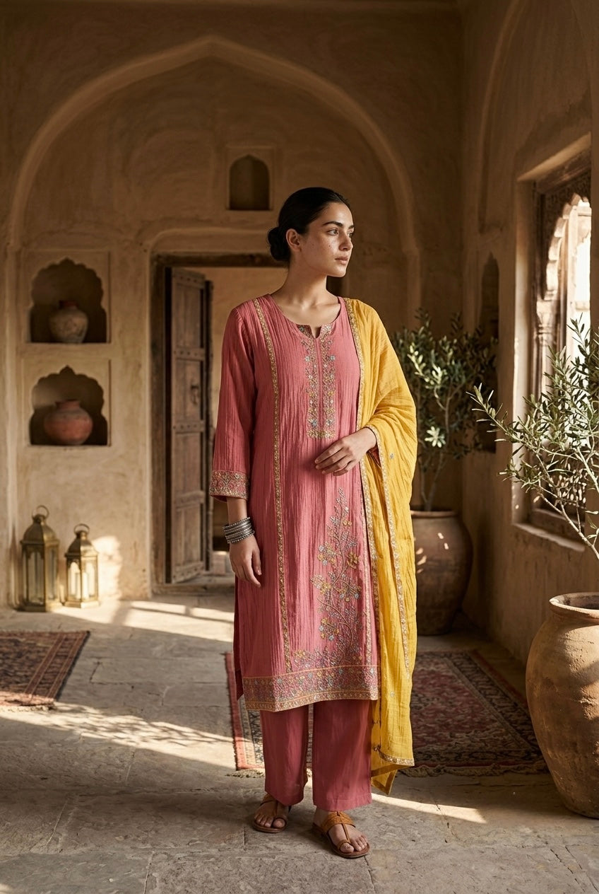Rose Pink Mul-Chanderi Embroidered Suit Set