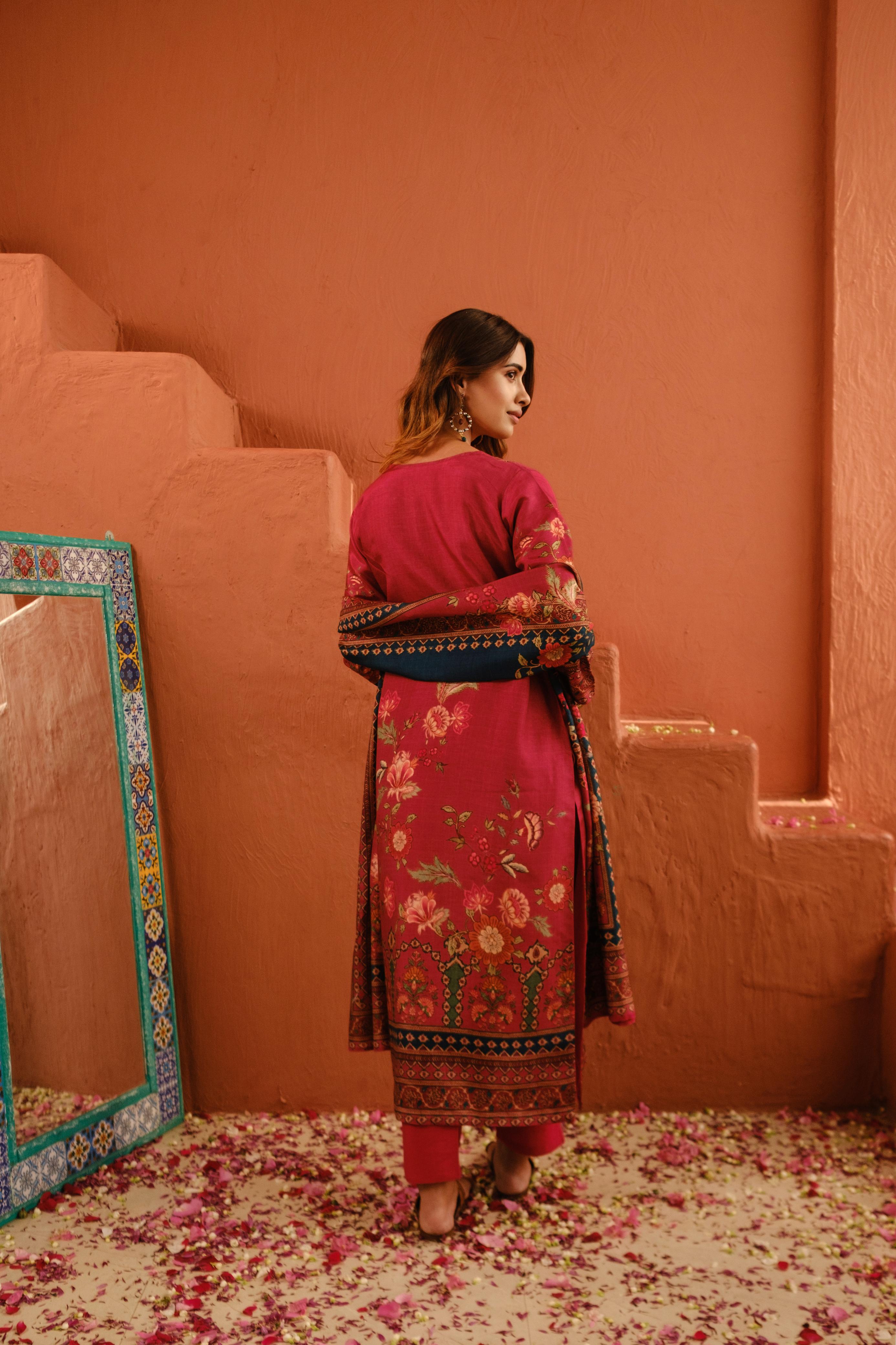 Deep Rose Pink Dola Jacquard Suit Set with Dabka work | HER-485