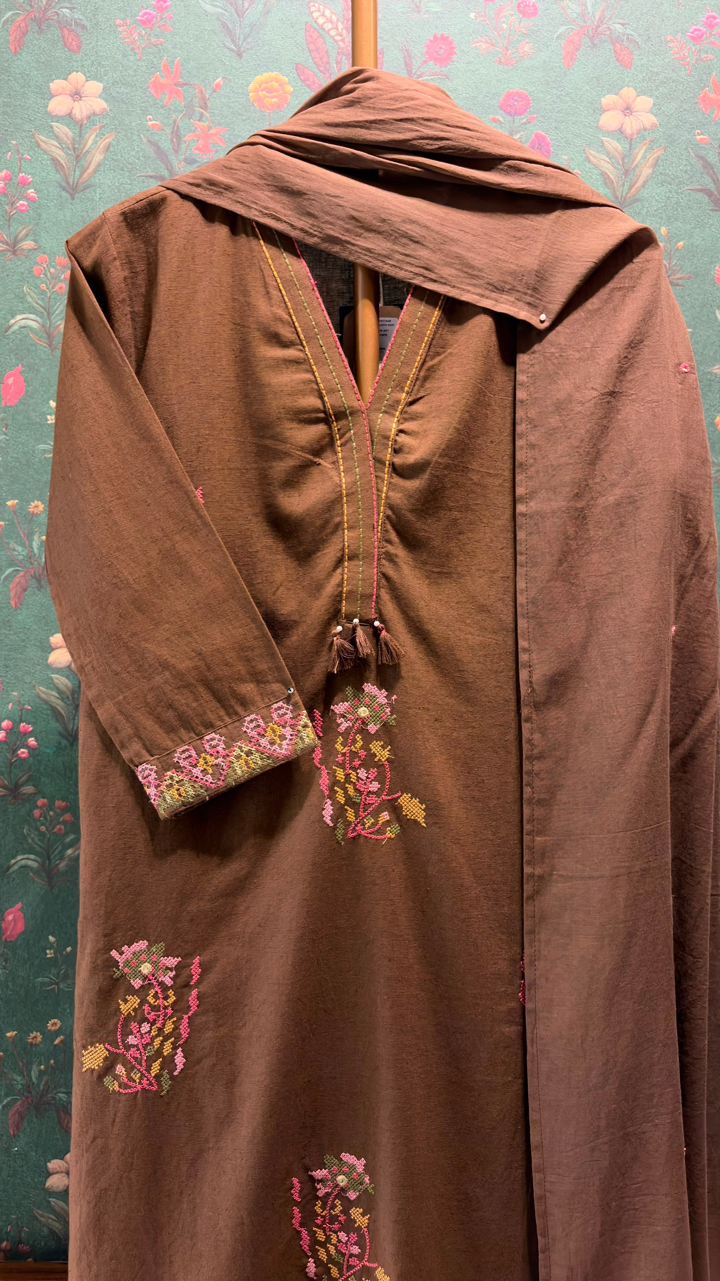 Cocoa Brown Embroidered Cotton Suit Set | HER-697