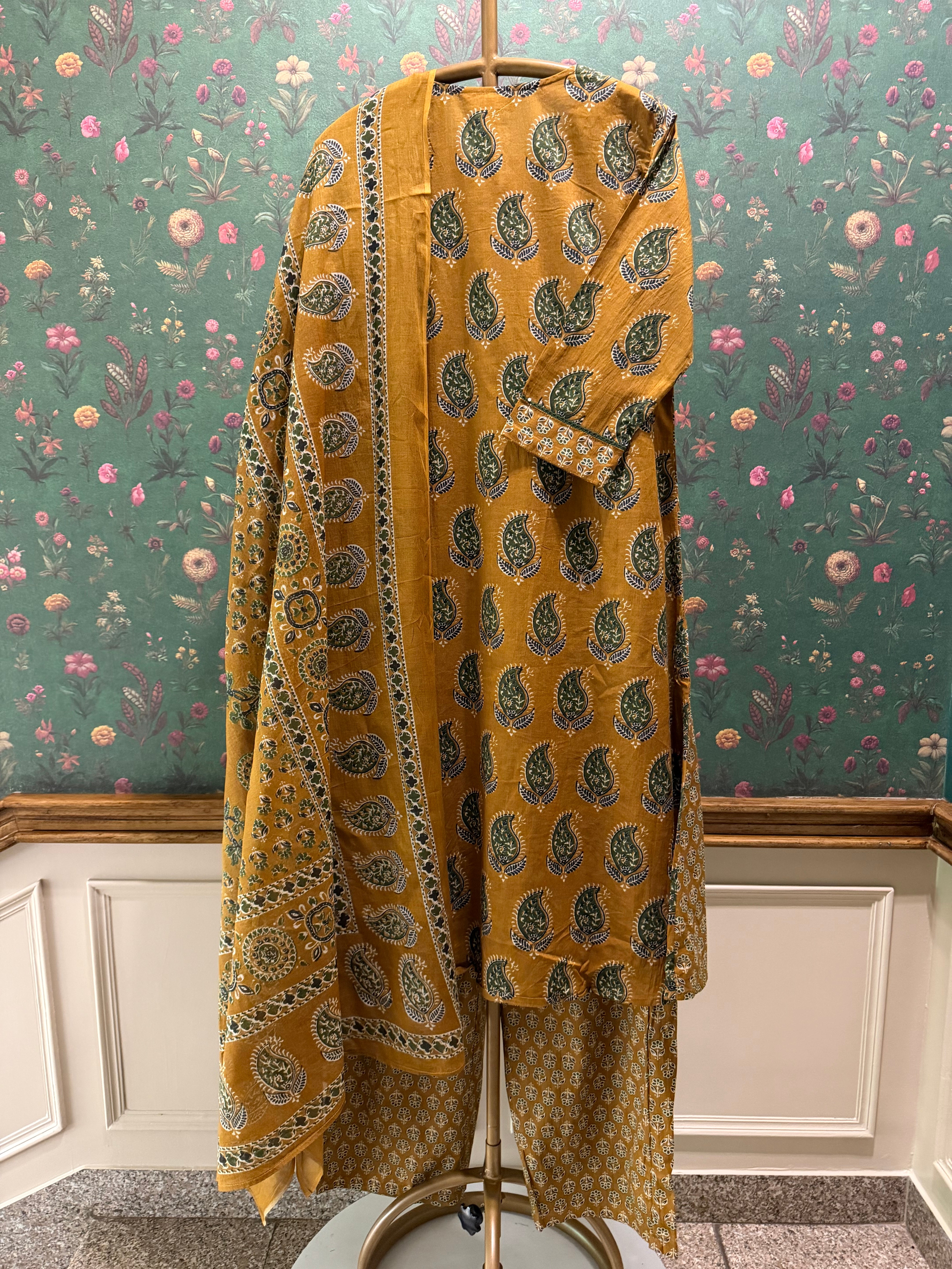 Mustard Yellow Printed A-Line Cotton Suit Set | HER-720
