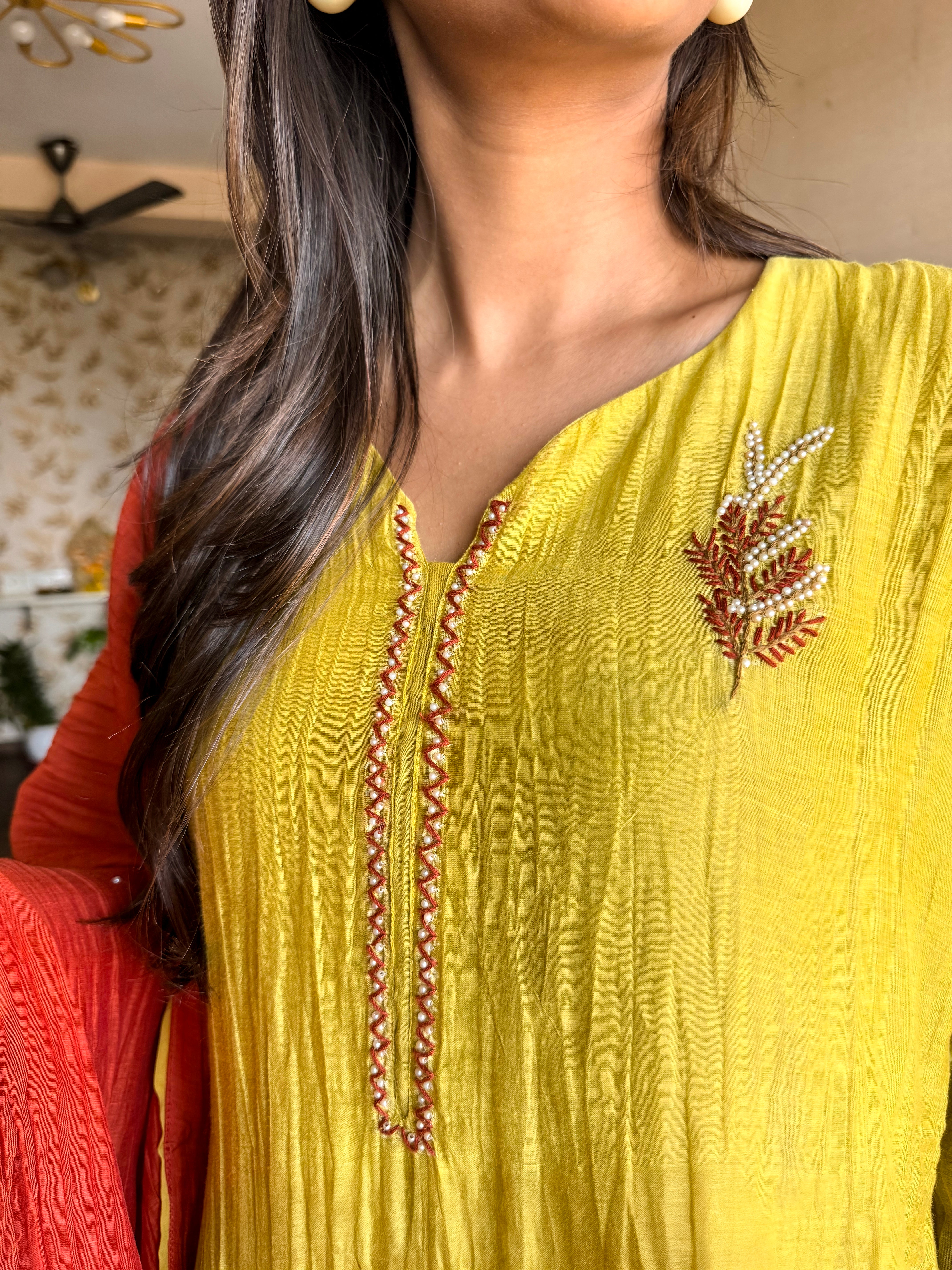 Vanyara Lime Green A-Line Mul Chanderi Suit Set | HER-625