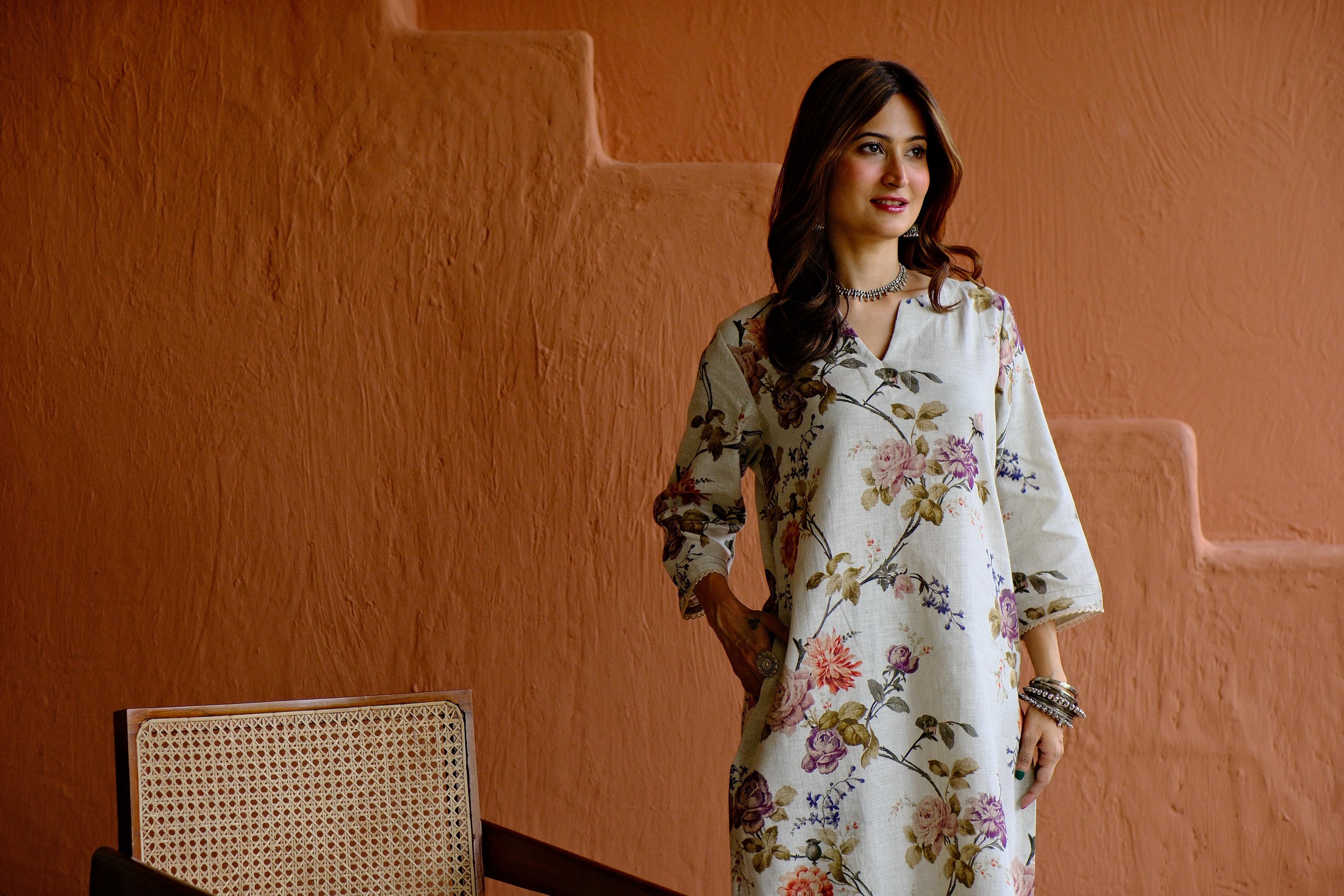 Rosalie Bloom Pure Linen Co-ord/Kurta Set | HER-465